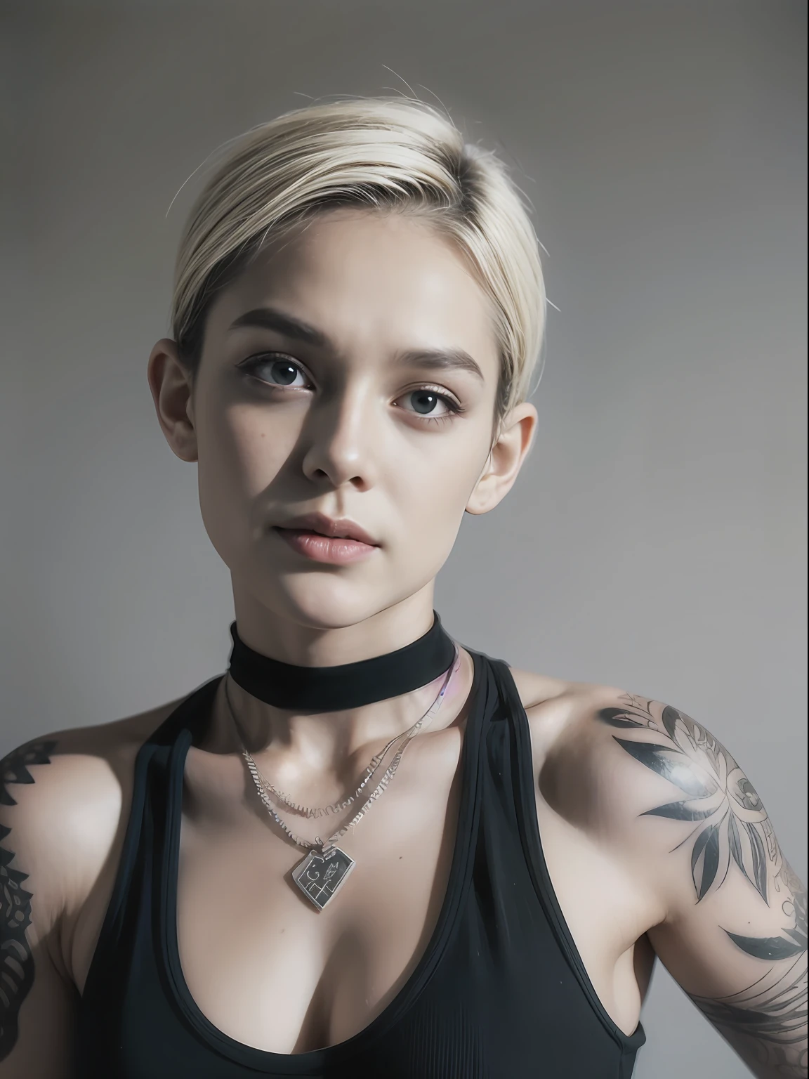 photo, rule of thirds, dramatic lighting, short hair, detailed face, detailed nose, woman wearing tank top, freckles, collar or choker, smirk, tattoo, intricate background