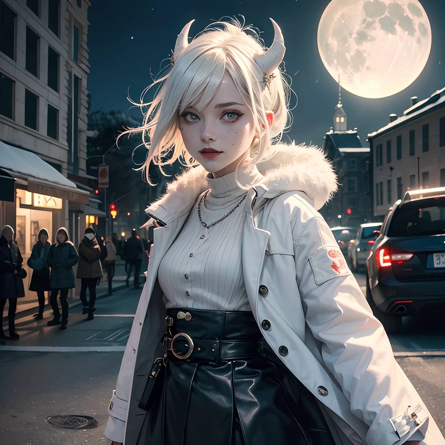 (masterpiece, absurd, high quality, best quality, ultra-detailed, beautiful), perfect eyes, perfect face, perfect lighting, textured skin, beautiful detailed face, (detailed face: 1.4), beautiful detailed eyes, ambient light, realistic shadows, beautiful detailed pupils, beautiful, 1girl, solo, solo focus, beelzebub, short hair, white hair, demon girl, demon tail, freckles, red eyes, white horns, purple lipstick, lips,  blush, white fur coat, (white coat of trimmed skin:1.3), outdoors, street, (night:1.2), cars in the back, headlights, church in the background, lights, moon, looking at the viewer, walking, smiling, from the side, full body, rich, expensive, jewelry --auto
