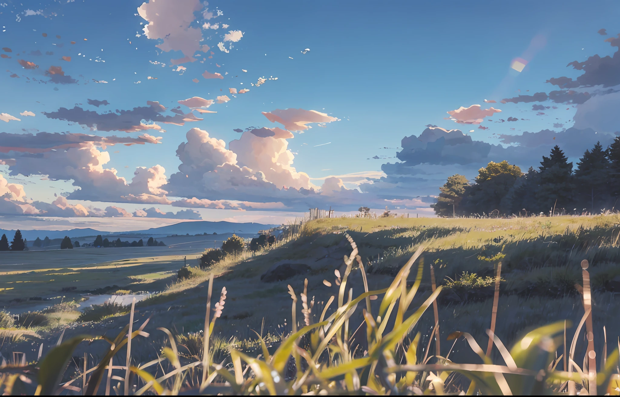 Grassland, pasture, blue sky, white clouds, meadow
