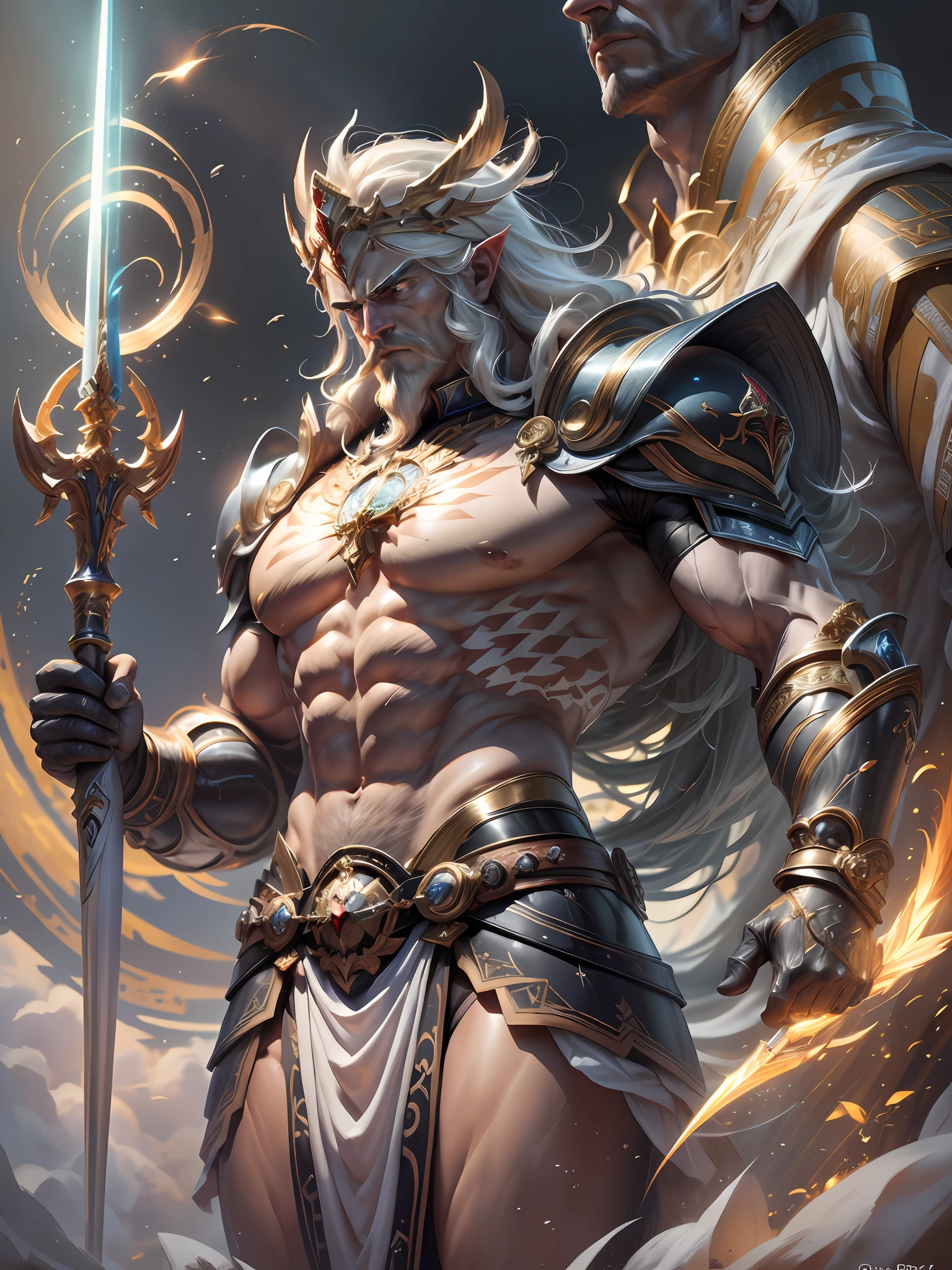 ((Best Quality)), ((Masterpiece)), (detailed), depiction of Zeus, god of the Greek gods, (mythology: 1.2), (majestic appearance: 1.1), (spear of thor in hand: 1.2), flowing beard and hair, muscular physique, wearing a crown made of shells, (marine field: 1.1), (powerful presence: 1.2), (tempest: 1.1), (divine aura: 1.1), (commanding gaze: 1.1), 8k resolution.