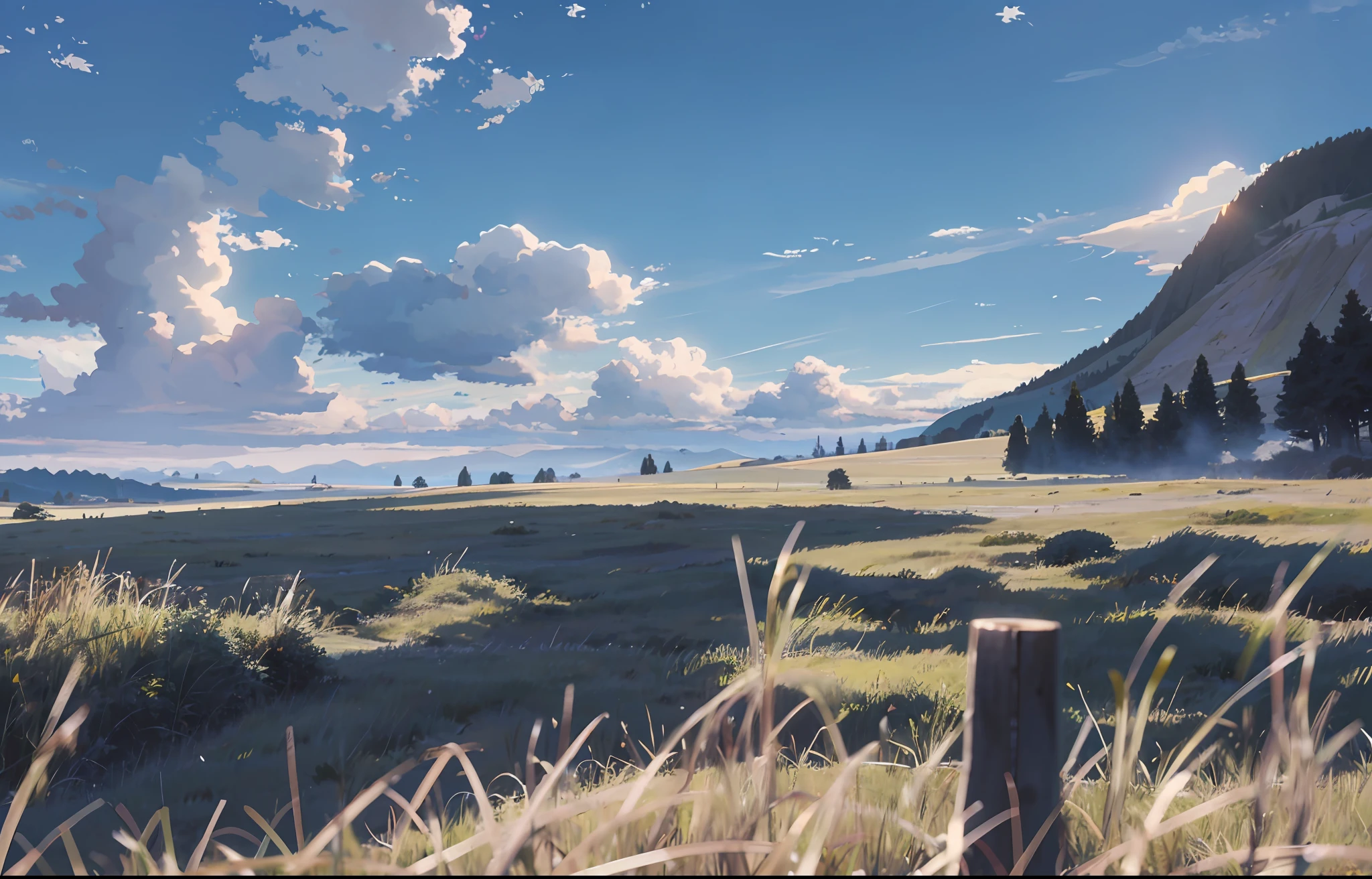 Grassland, pasture, blue sky, white clouds, meadow