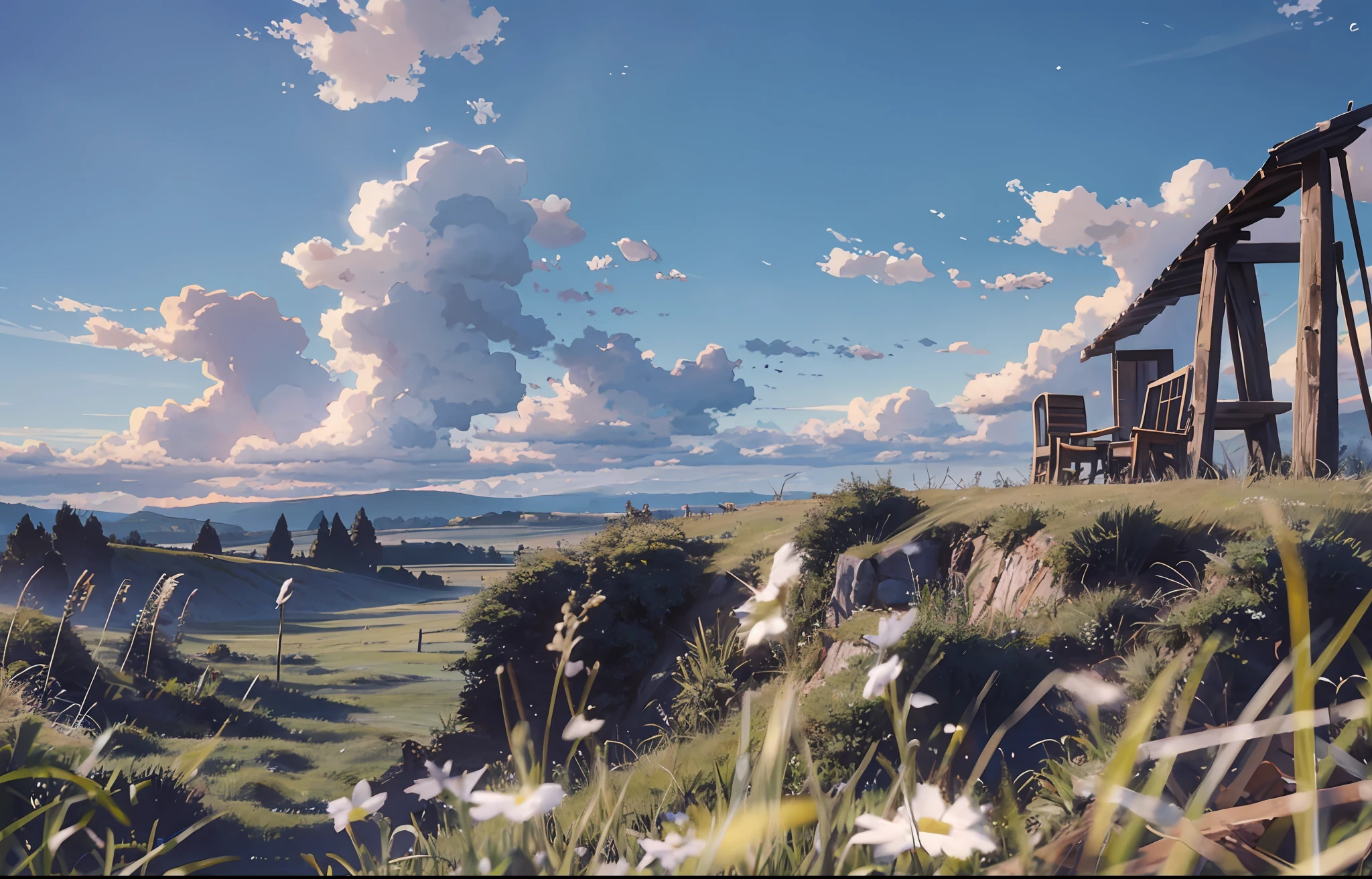Grassland, pasture, blue sky, white clouds, meadow