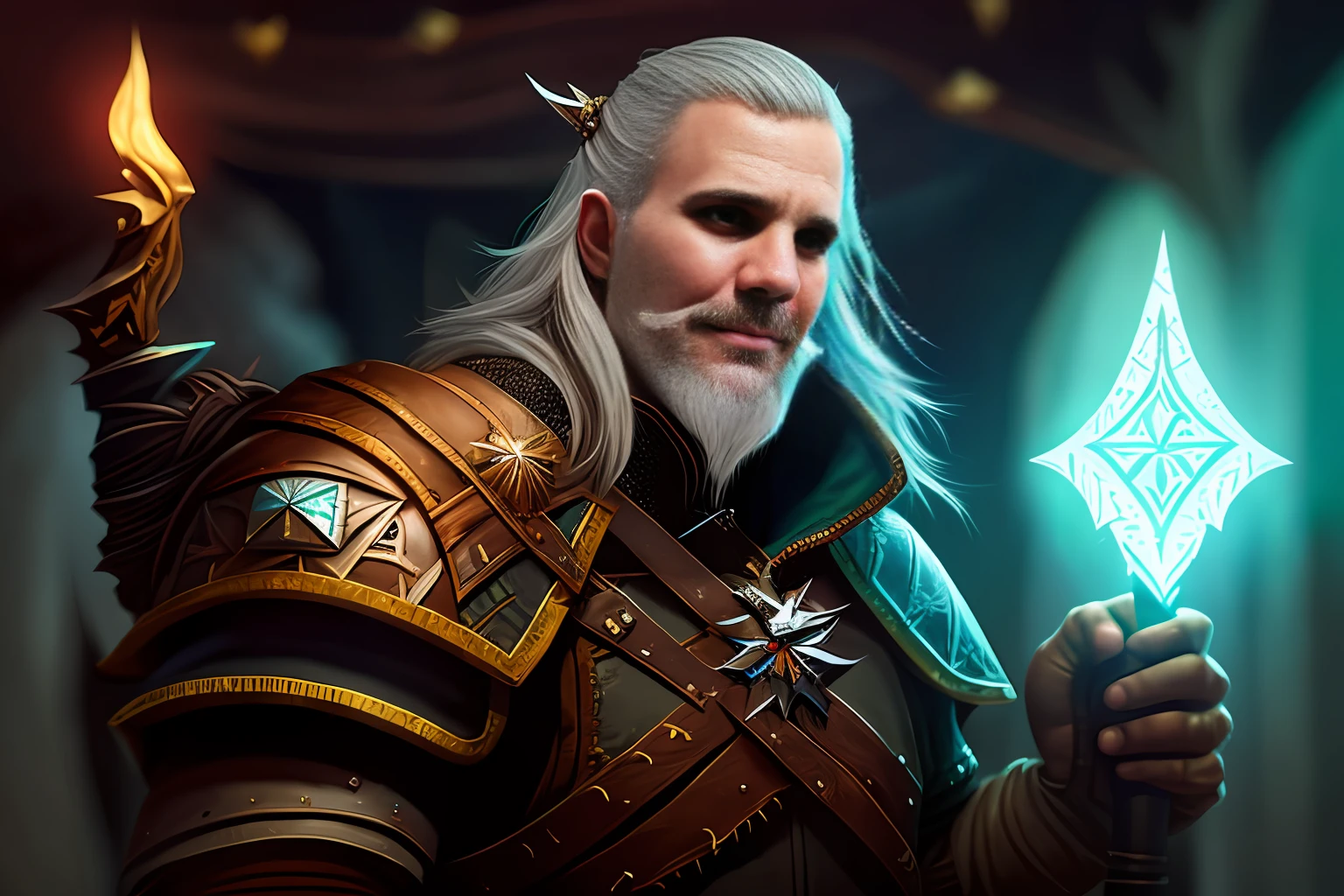 There is a man with a beard and sword in a room, estilo fantasia 8 k octane render, 3 d render arte do caractere 8 k, de witcher (2021), Retrato de Geralt de Rivia, Personagem pequeno. Motor Unreal 5, Mario como The Witcher, personagem de fantasia hiperdetalhado, Retrato pintado de Odin acidentado, Anton Fadeev 8 K