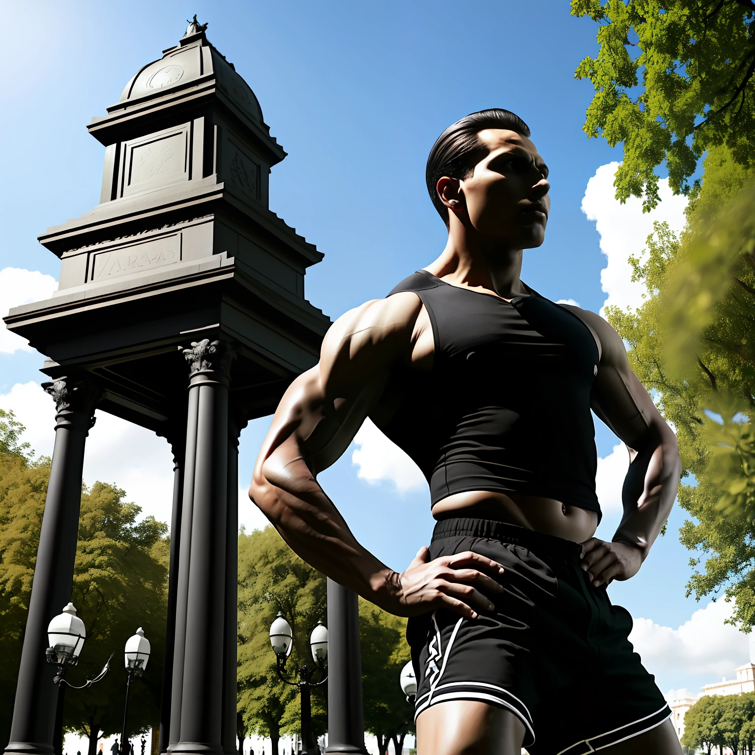 Man standing in a park, Athletic man, in a square, Looking Up The Sky, wearing black shorts, detalhes intrincados, arte hyper realista, foto premiada, 16K