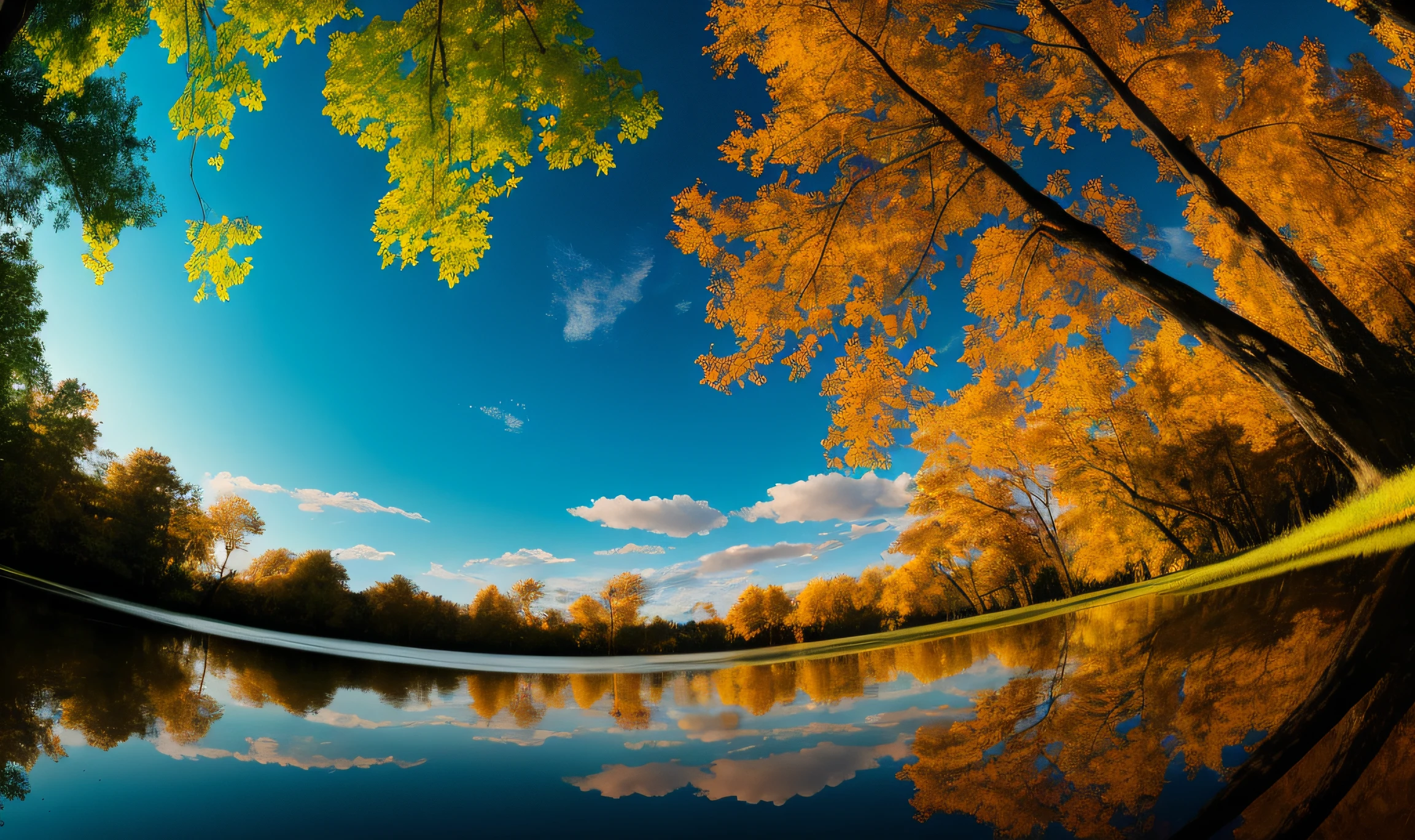 masterpiece, best quality, aesthetic, highres RAW photo, landscape photography, wide shot, from below, scenery, sunrise, blue sky, clouds, lake, reflection, sun, trees, floating leaves, ripples, foreground interest, depth of field, cinematic lighting, asymmetric composition, professional shadows, sharp focus, lens flare --auto