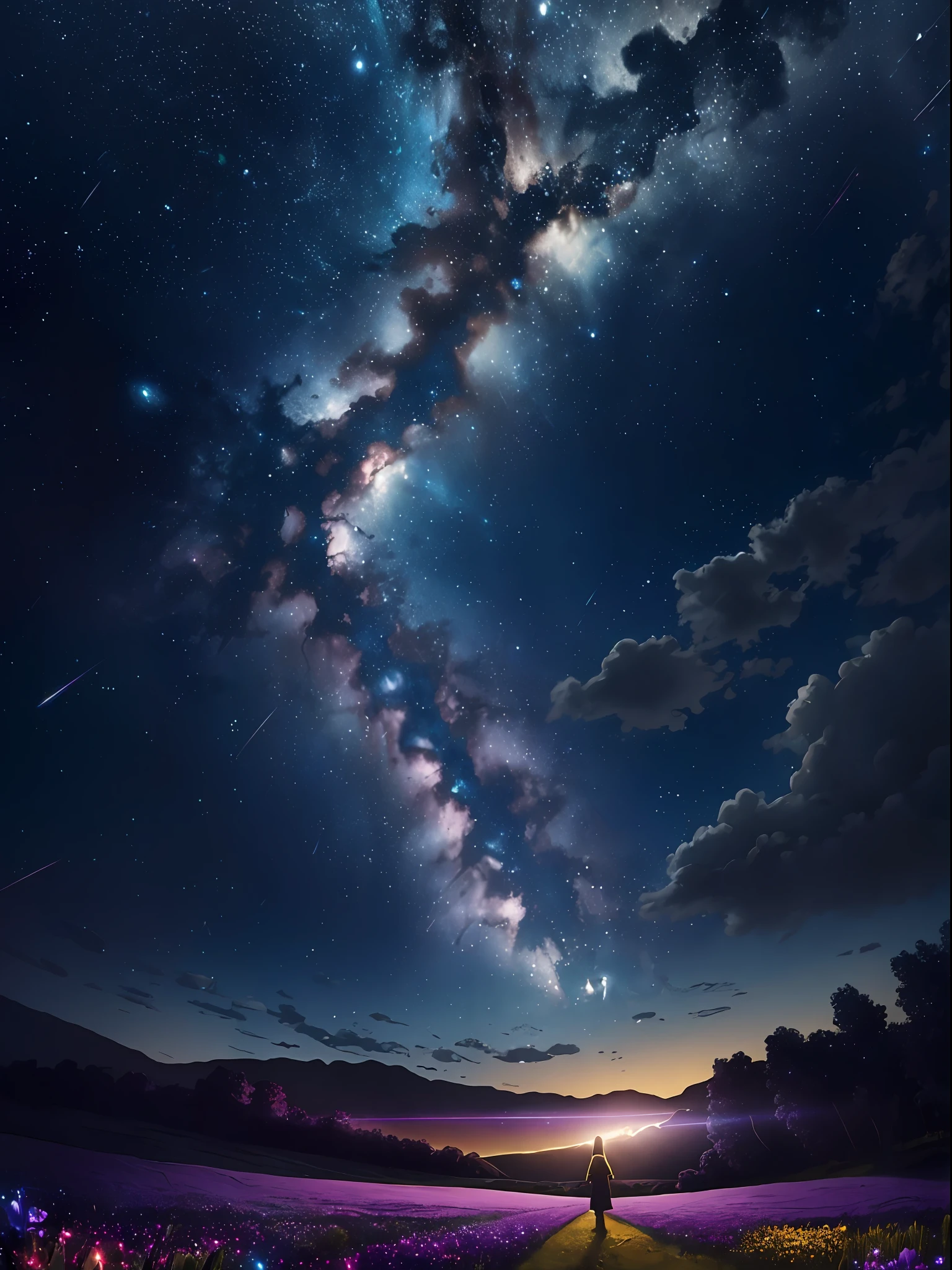 expansive landscape photograph , (a view from below that shows sky above and open field below), a girl standing on flower field looking up, (full moon:1.2), ( shooting stars:0.9), (nebula:1.3), distant mountain, tree BREAK
production art, (warm light source:1.2), (Firefly:1.2), lamp, lot of purple and orange, intricate details, volumetric lighting, realism BREAK
(masterpiece:1.2), (best quality), 4k, ultra-detailed, (dynamic composition:1.4), highly detailed, colorful details,( iridescent colors:1.2), (glowing lighting, atmospheric lighting), dreamy, magical, (solo:1.2)