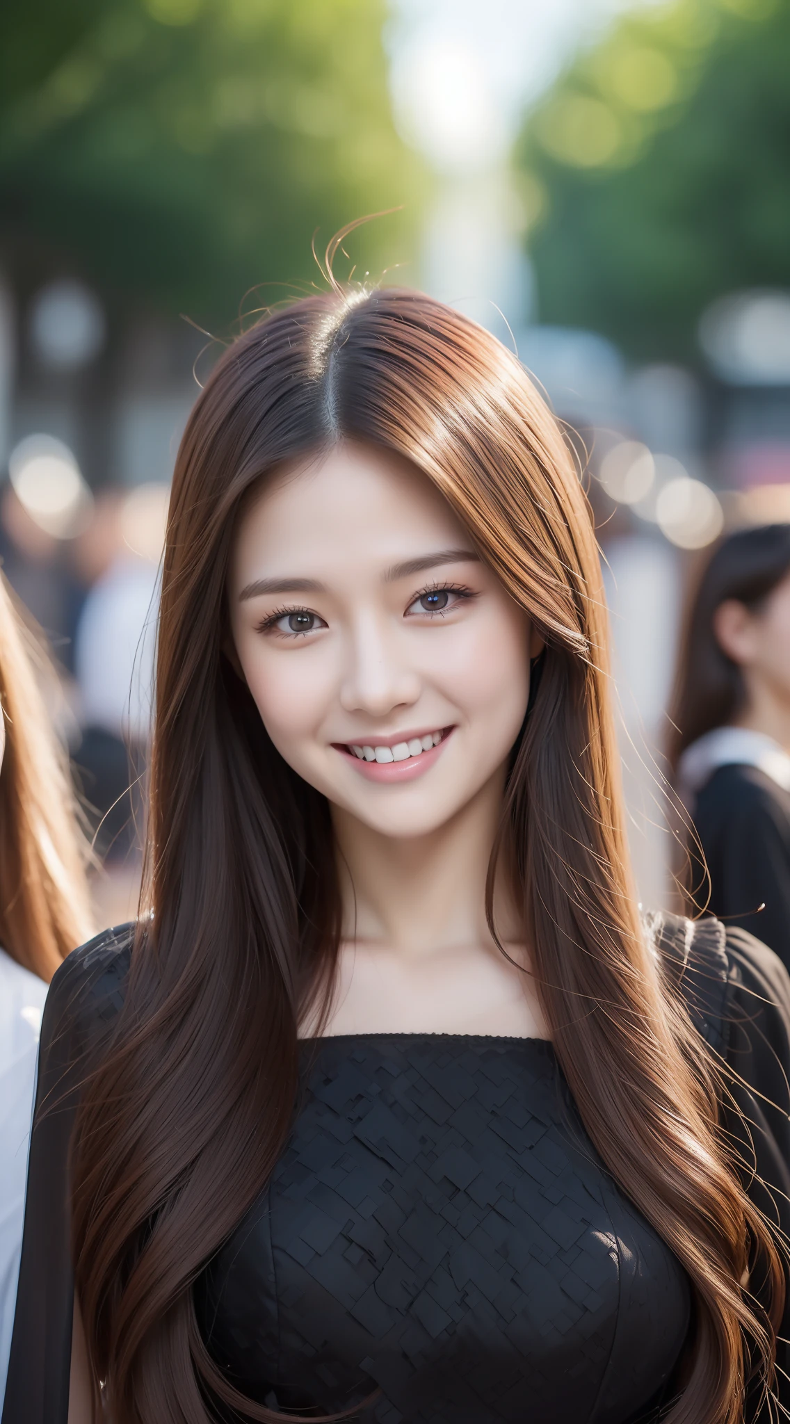 ((Best quality, 8k, Masterpiece :1.3)), 1girl, smiling, full body, slim face, Pretty woman, (Dark brown hair), full length dress :1.1, Ultra-detailed face, Detailed eyes, Double eyelid, blur background, slim face, city, outside, street,