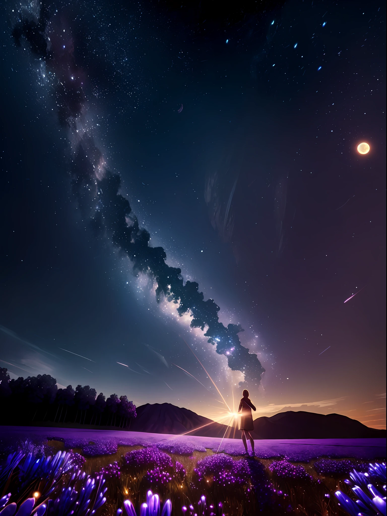 expansive landscape photograph , (a view from below that shows sky above and open field below), a girl standing on flower field looking up, (full moon:1.2), ( shooting stars:0.9), (nebula:1.3), distant mountain, tree BREAK
production art, (warm light source:1.2), (Firefly:1.2), lamp, lot of purple and orange, intricate details, volumetric lighting, realism BREAK
(masterpiece:1.2), (best quality), 4k, ultra-detailed, (dynamic composition:1.4), highly detailed, colorful details,( iridescent colors:1.2), (glowing lighting, atmospheric lighting), dreamy, magical, (solo:1.2)