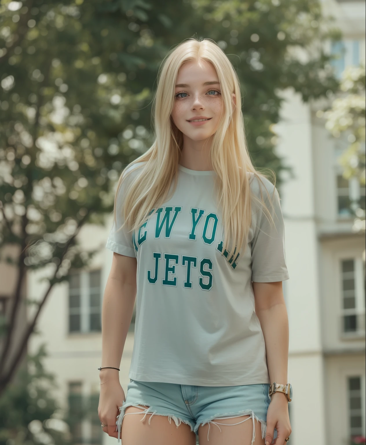 Rosto de uma mulher, americana, 19 anos, pale skin and freckles, olhos cinzas, nariz delicado, soft and delicate lips, cabelo blondie cinza, ultrarrealista HD fotorrealista altamente renderizado sorriso cativante, head proportional to the body,