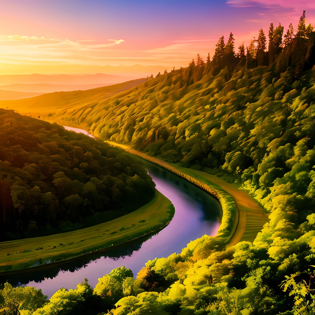 Crie uma imagem deslumbrante que retrate uma paisagem natural intocada, com montanhas majestosas, lush trees and wildlife in harmony.