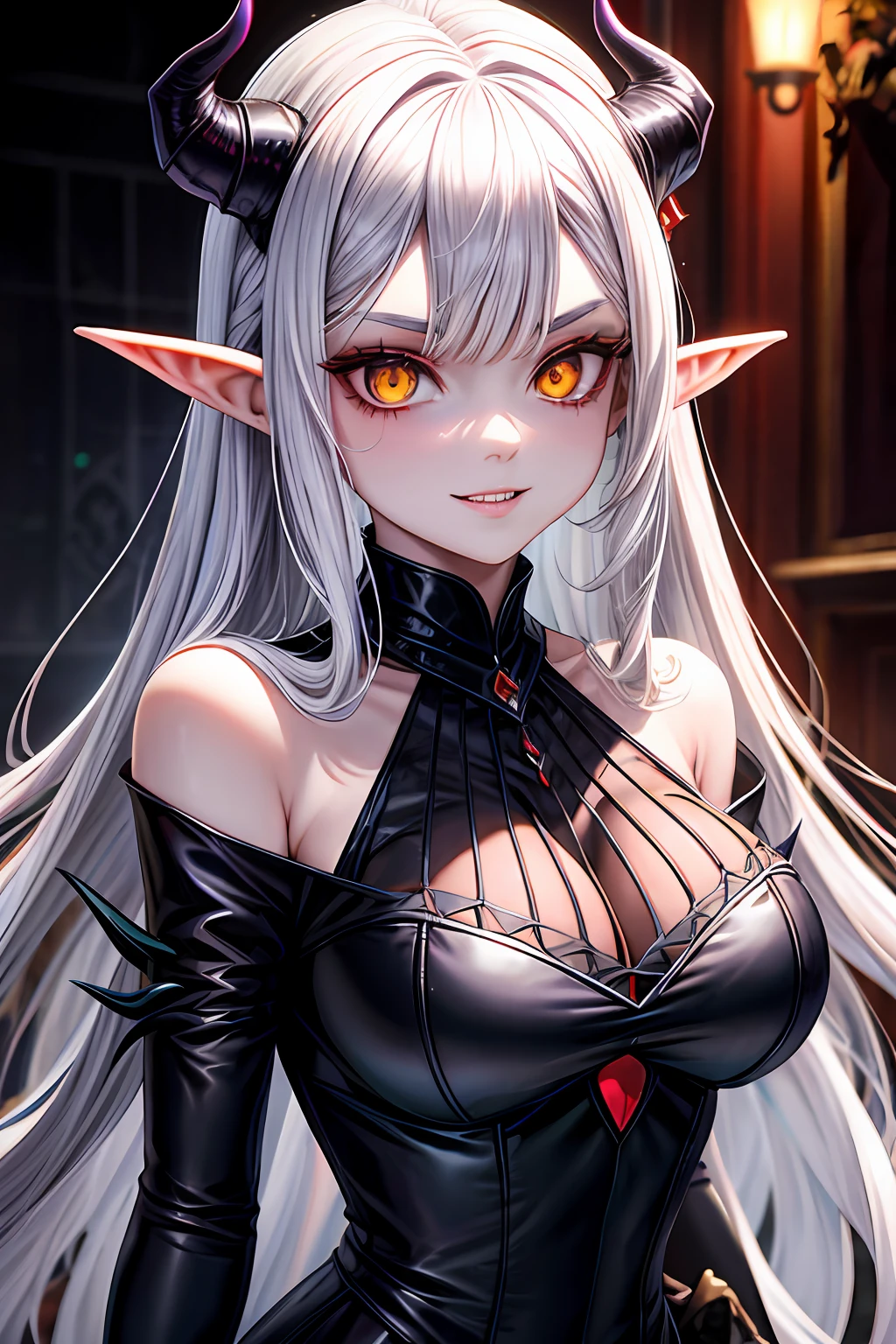 A female Milf demon with long distinctive silver hair with elf ears and demonic horns of black color, Yellow eyes of the demon, pupila vertical, rosto maduro e adulto com um sorriso perverso para os espectadores, dentes de vampiro, corpo volumoso com seios e busto enormes, pale skinned, Widow's dress in black setting with chains and mist, The floor is made of a red liquid, corpo volumoso com seios e busto enormes, Silver hair with purple locks wet with drops of this red liquid,(yellow demonic eyes), olhos brilhantes, Moda realista, sysie high definition details, fotografia, perspicacity, unique 850 4, Koda850 k portrait camera, Primavera F1.6, cores ricas, Textura super realista, textura de luz espetacular, arte surreal, Cinestil 800 mecanismo de moda.