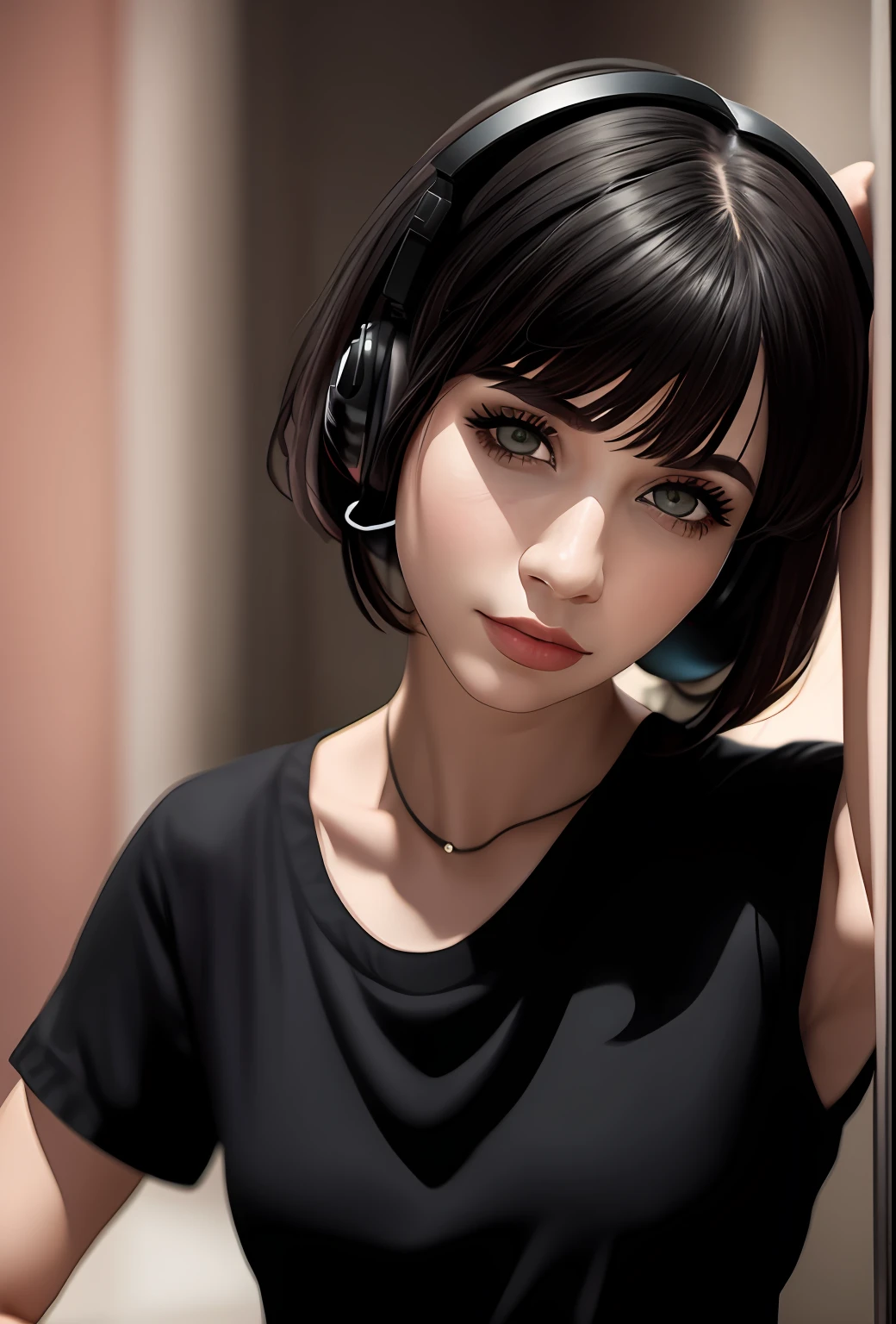 a woman with headphones is posing for a picture, tumblr contest winner, goth, feminine, aesthetic, 20 years old, brazilian, (a brazilian woman:1.2), sleeveless shirt, short hair with full bangs, short hair, pink lips, black hair, eye reflection, expressionless eyes, realism, hyperrealism, 135mm, 85mm, Nikon, Canon, Fujifilm, Sony FE GM, f/1.2, best quality, high quality, award winning, HD, 4K, 8k, 16k, super detail, anatomically correct, masterpiece