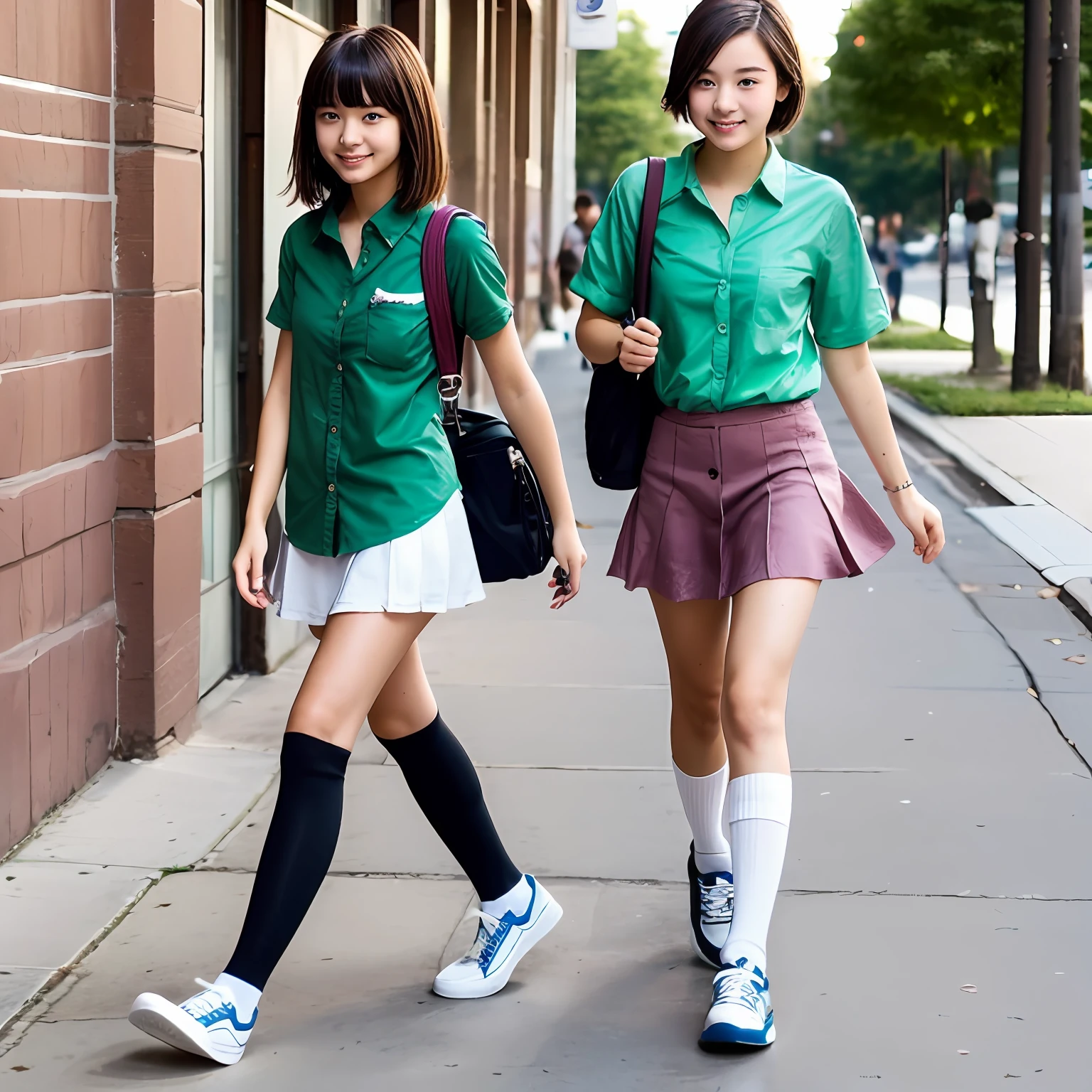 18-year-old high school girl，pixie hair,（Green button-down shirt），White socks，Black shoes，wearing school bag，Walk on the sidewalk，