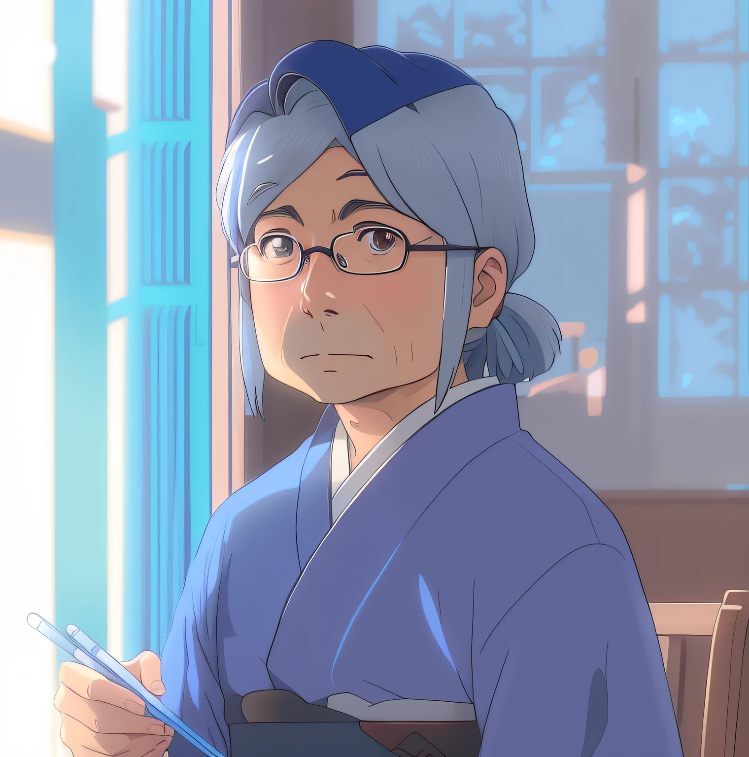 anime character with glasses and a blue kimono sitting at a table, hayao miyazaki style, miyazaki style, hayao miyazaki's animation style, style of hayao miyazaki, in the anime film, style in ghibli anime style, as an anime character, hidetaka miyazaki, style in ghibli anime, haruno sakura
