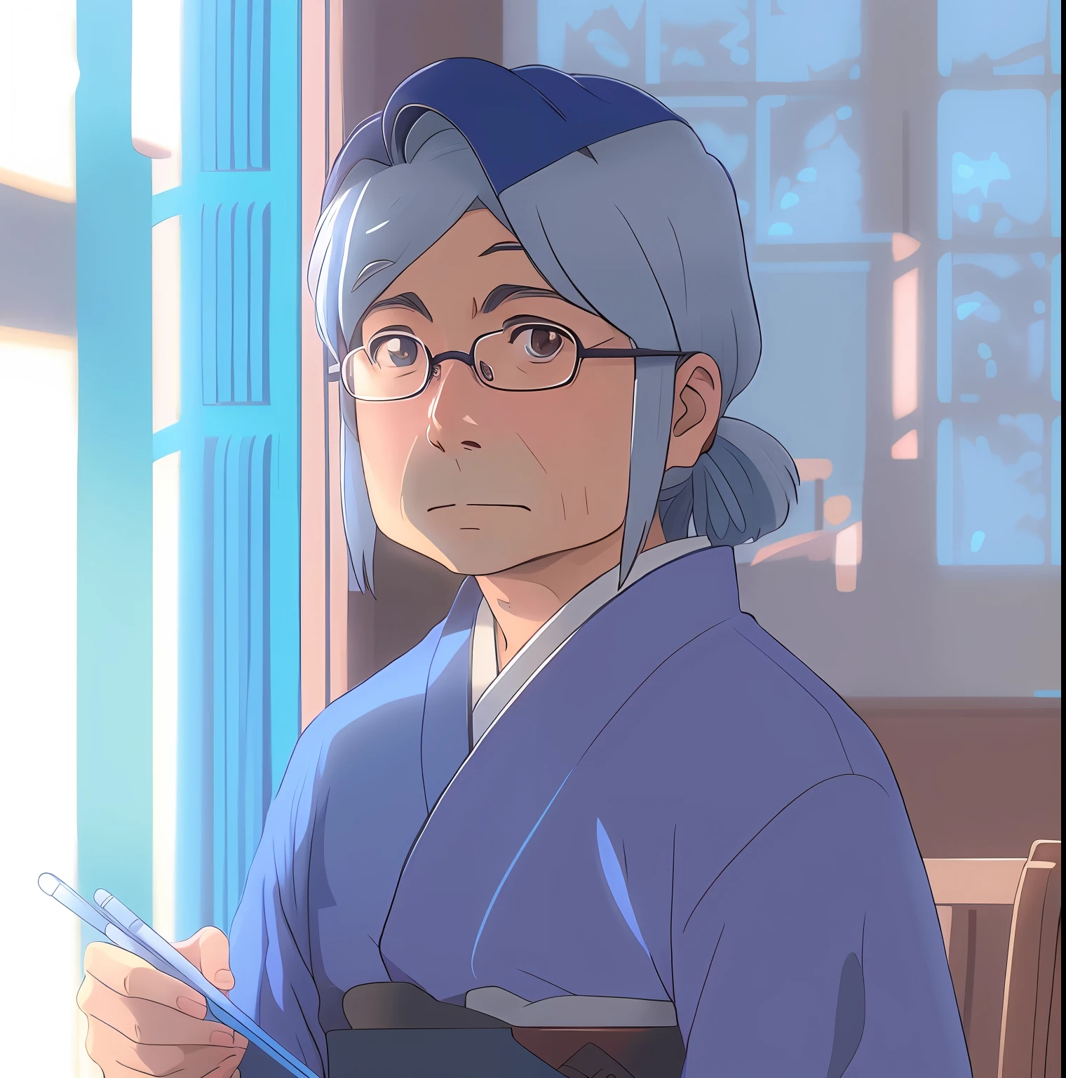 anime character with glasses and a blue kimono sitting at a table, hayao miyazaki style, miyazaki style, hayao miyazaki's animation style, style of hayao miyazaki, in the anime film, style in ghibli anime style, as an anime character, hidetaka miyazaki, style in ghibli anime, haruno sakura