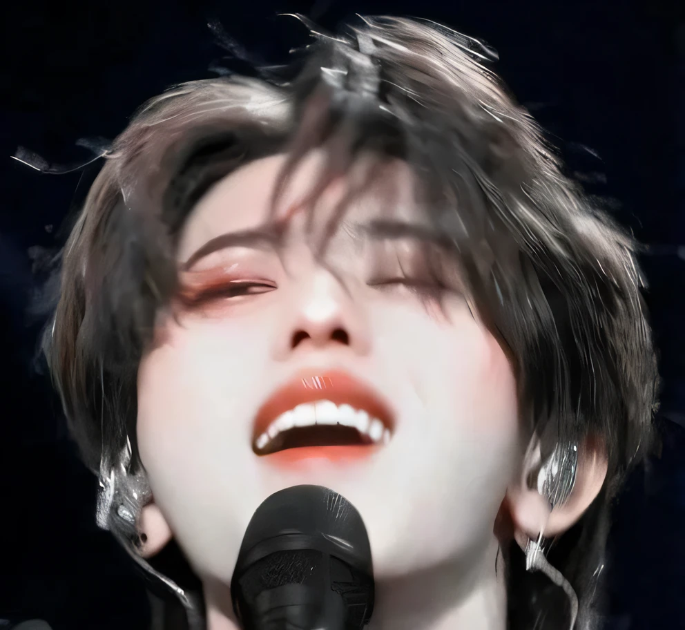 high high quality,Araved woman singing into microphone with eyes closed, Cai Xukun, she has a cute expressive face, Inspired by Song Maojin, wan adorable korean face, She has a cute face, accurate jimin face, jimin\'s plump lips, very high quality face, clear cute face, inspired by Yanjun Cheng, so happy that her face hurts