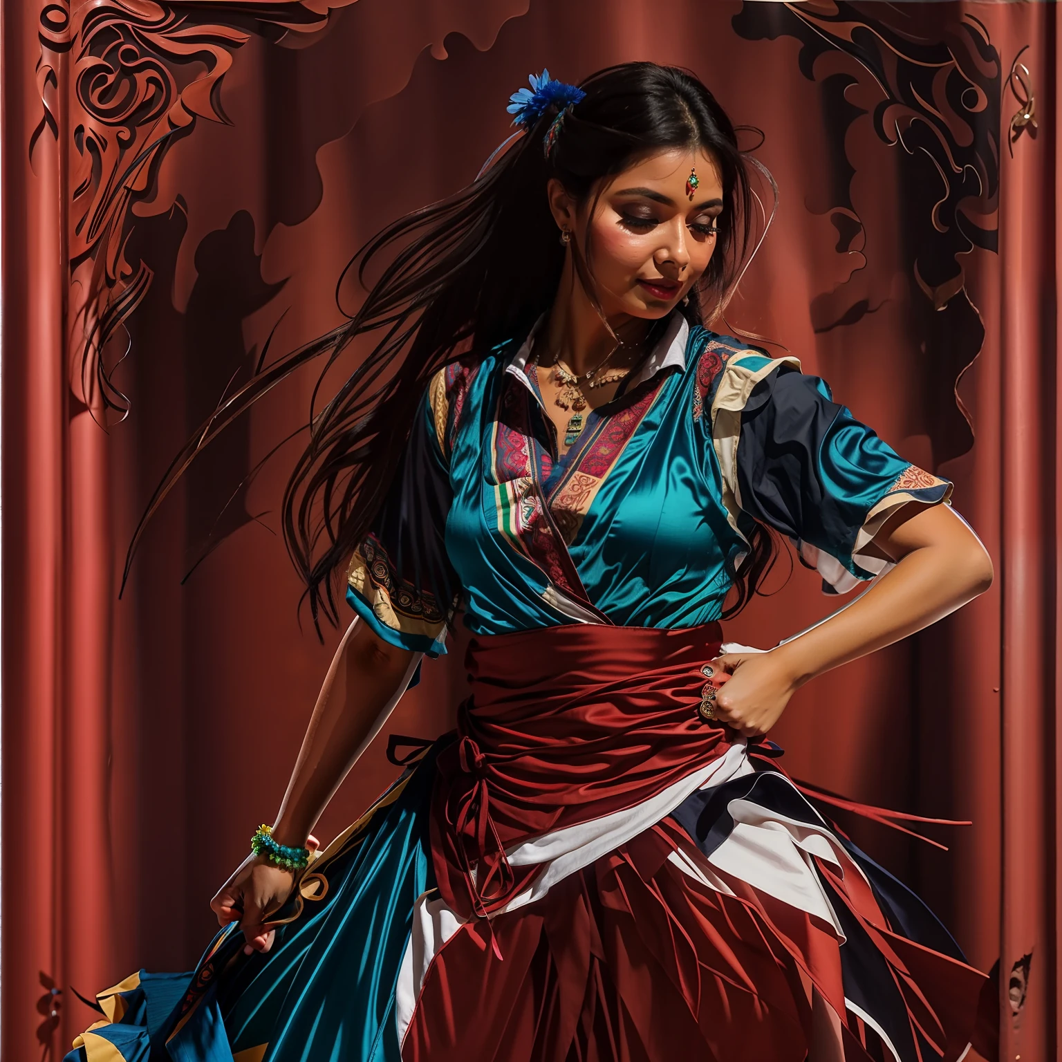 Mulher mexicana, cabelos compridos amarrados com uma rosa, in dance pose, segurando um leque, blusa azul, saia marrom, uma faixa vermelha na cintura, Old West bar lounge environment, detalhes intrincados, highes definition