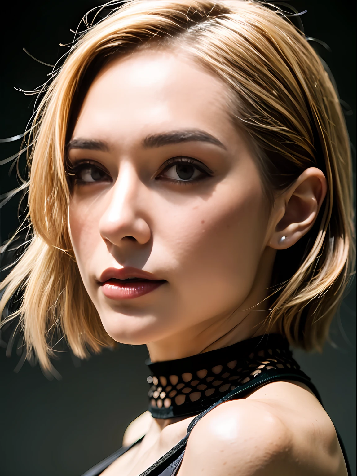 photo, rule of thirds, dramatic lighting, short hair, detailed face, detailed nose, woman wearing tank top, freckles, collar or choker, smirk, tattoo, intricate background