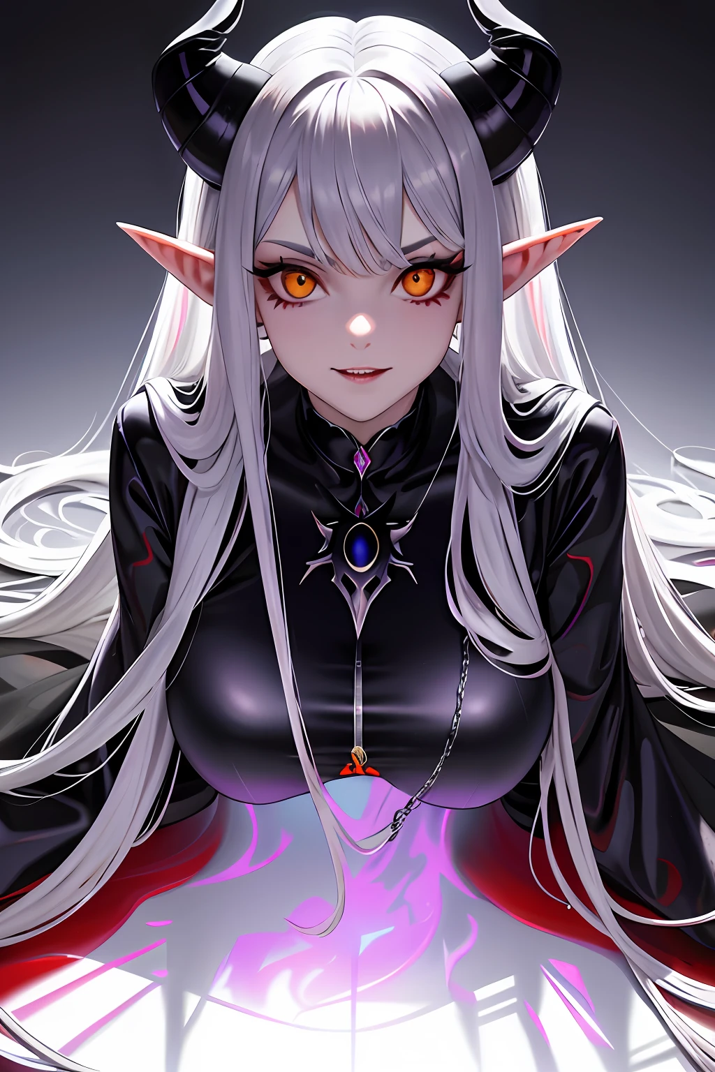A female Milf demon with long distinctive silver hair with elf ears and black demonic horns, Yellow eyes of the demon, pupila vertical, rosto maduro e adulto com um sorriso perverso para os espectadores, dentes de vampiro, corpo volumoso com seios e busto enormes, pale skinned, Widow's dress in black setting with chains and mist, The floor is made of a red liquid, corpo volumoso com seios e busto enormes, Silver hair with purple locks wet with drops of this red liquid,(yellow demonic eyes), olhos brilhantes, Moda realista, sysie high definition details, fotografia, perspicacity, unique 850 4, Koda850 k portrait camera, Primavera F1.6, cores ricas, Textura super realista, textura de luz espetacular, arte surreal, Cinestil 800 mecanismo de moda.