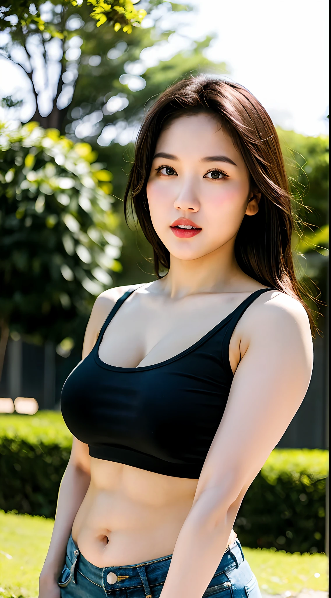 25 years old woman, milf, at  park, (black tank top), denim shorts, RAW photo, (photorealistic:1.37, realistic), highly detailed CG unified 8K wallpapers, 1girl, ((thick body:1.6)), looking at viewer, (((straight from front))), (HQ skin:1.2, shiny skin), 8k uhd, dslr, soft lighting, high quality, film grain, Fujifilm XT3, ((dynamic pose:1.2)) ((full body:0.4)) (professional lighting:1.6) ,  marshalenathea