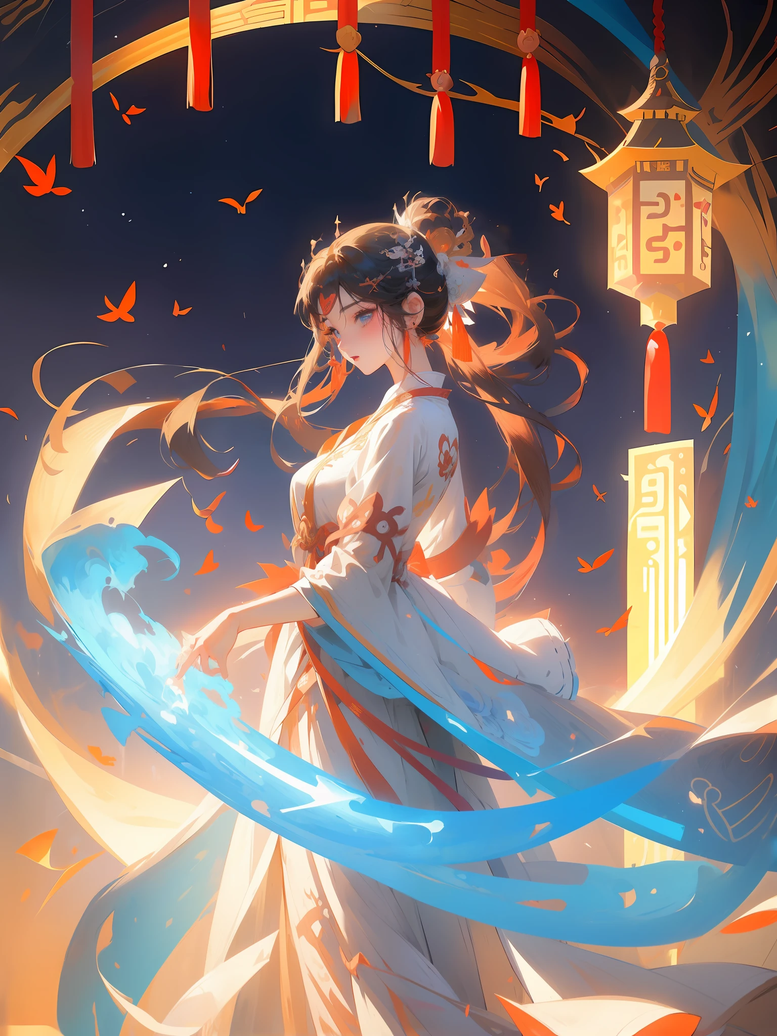 Anime girl wearing white dress,Blue ribbon in hand, Palace , A girl in Hanfu, by Yang J, Anime art wallpaper 8 K, Alice X. zhang, style of anime4 K, Anime goddess, Anime fantasy illustration, Onmyoji detailed art, Beautiful young wind spirit, Beautiful digital artwork, Anime art wallpaper 4k, Anime art wallpaper 4 K