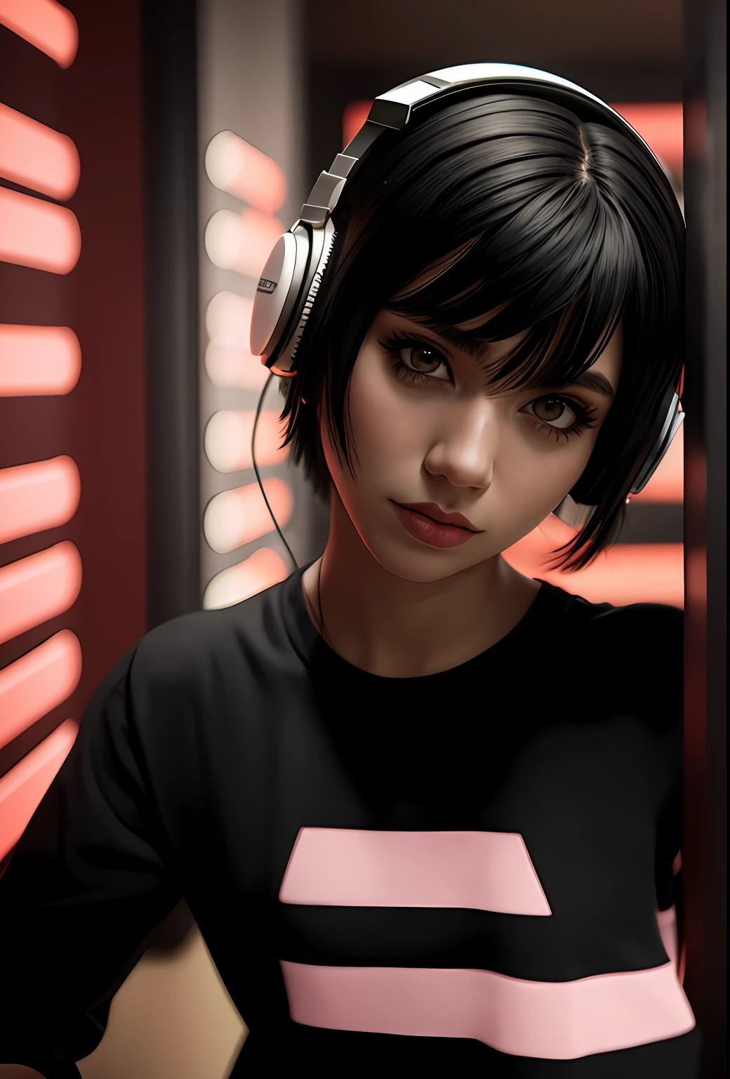 a woman with headphones is posing for a picture, tumblr contest winner, goth, feminine, aesthetic, 20 years old, brazilian, (a brazilian woman:1.2), sleeveless shirt, short hair with full bangs, short hair, pink lips, black hair, eye reflection, expressionless eyes, realism, hyperrealism, 135mm, 85mm, Nikon, Canon, Fujifilm, Sony FE GM, f/1.2, best quality, high quality, award winning, HD, 4K, 8k, 16k, super detail, anatomically correct, masterpiece