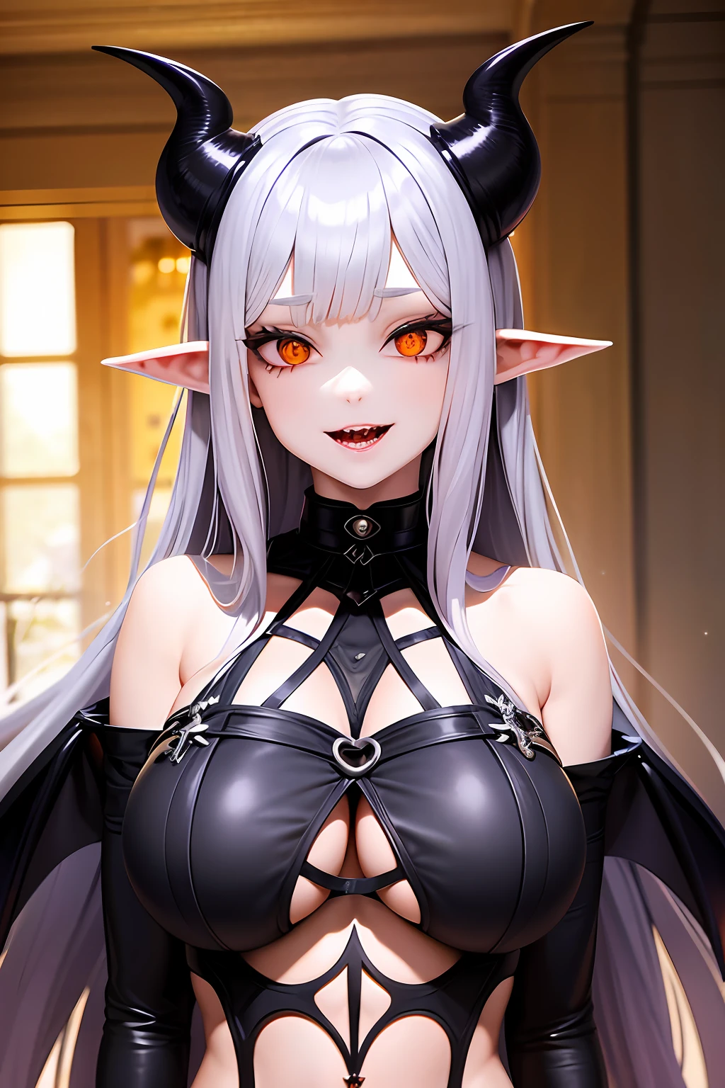 A female Milf demon with long distinctive silver hair with elf ears and black demonic horns, Yellow eyes of the demon, pupila vertical, rosto maduro e adulto com um sorriso perverso para os espectadores, dentes de vampiro, corpo volumoso com seios e busto enormes, pale skinned, Widow's dress in black setting with chains and mist, The floor is made of a red liquid, corpo volumoso com seios e busto enormes, Silver hair with purple locks wet with drops of this red liquid,(yellow demonic eyes), olhos brilhantes, Moda realista, sysie high definition details, fotografia, perspicacity, unique 850 4, Koda850 k portrait camera, Primavera F1.6, cores ricas, Textura super realista, textura de luz espetacular, arte surreal, Cinestil 800 mecanismo de moda.