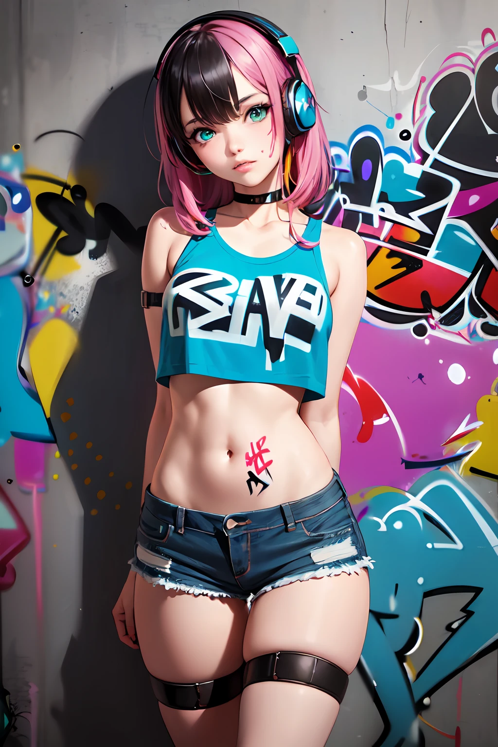 1girl, solo, crop top, denim shorts, choker, (graffiti:1.5), paint splatter, arms behind back, against wall, looking at viewer, armband, thigh strap, paint on body, head tilt, bored, multicolored hair, aqua eyes, headset