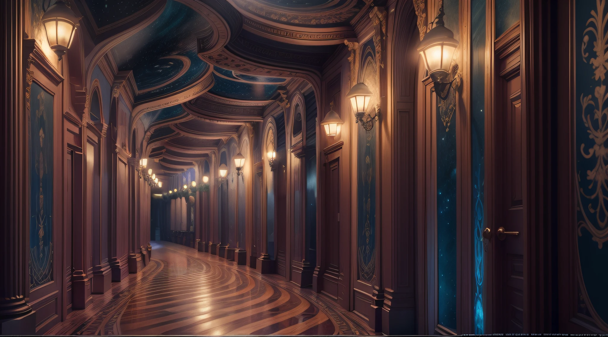 There is a long hallway with a clock on the wall, dramatic lighting. arte conceitual, art nouveau octane render, detailed lighting and textures, fantasy atmospheric lighting, detailed textures and lighting, corredor infinito, dark majestic ornate great hall, lindo render 3d, Volumetric lighting. fantasia, beautiful render of a fairytale, dramatic lighting render, bela arte conceitual 3D Sem plantas