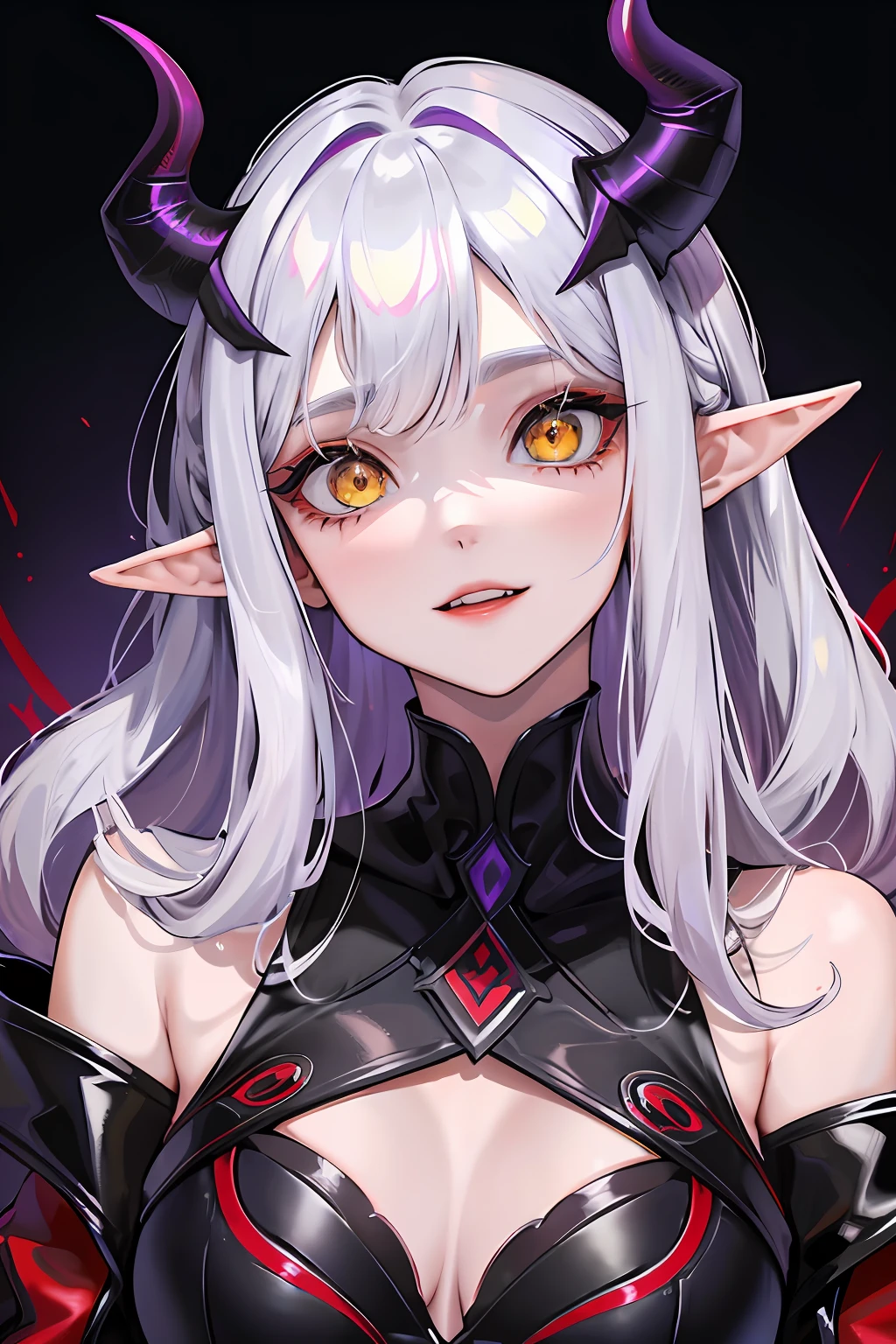 A female Milf demon with long distinctive silver hair with elf ears and black demonic horns, Yellow eyes of the demon, pupila vertical, rosto maduro e adulto com um sorriso perverso para os espectadores, dentes de vampiro, corpo volumoso com seios e busto enormes, pale skinned, Widow's dress in black setting with chains and mist, The floor is made of a red liquid, corpo volumoso com seios e busto enormes, Silver hair with purple locks wet with drops of this red liquid,(yellow demonic eyes), olhos brilhantes, Moda realista, sysie high definition details, fotografia, perspicacity, unique 850 4, Koda850 k portrait camera, Primavera F1.6, cores ricas, Textura super realista, textura de luz espetacular, arte surreal, Cinestil 800 mecanismo de moda.