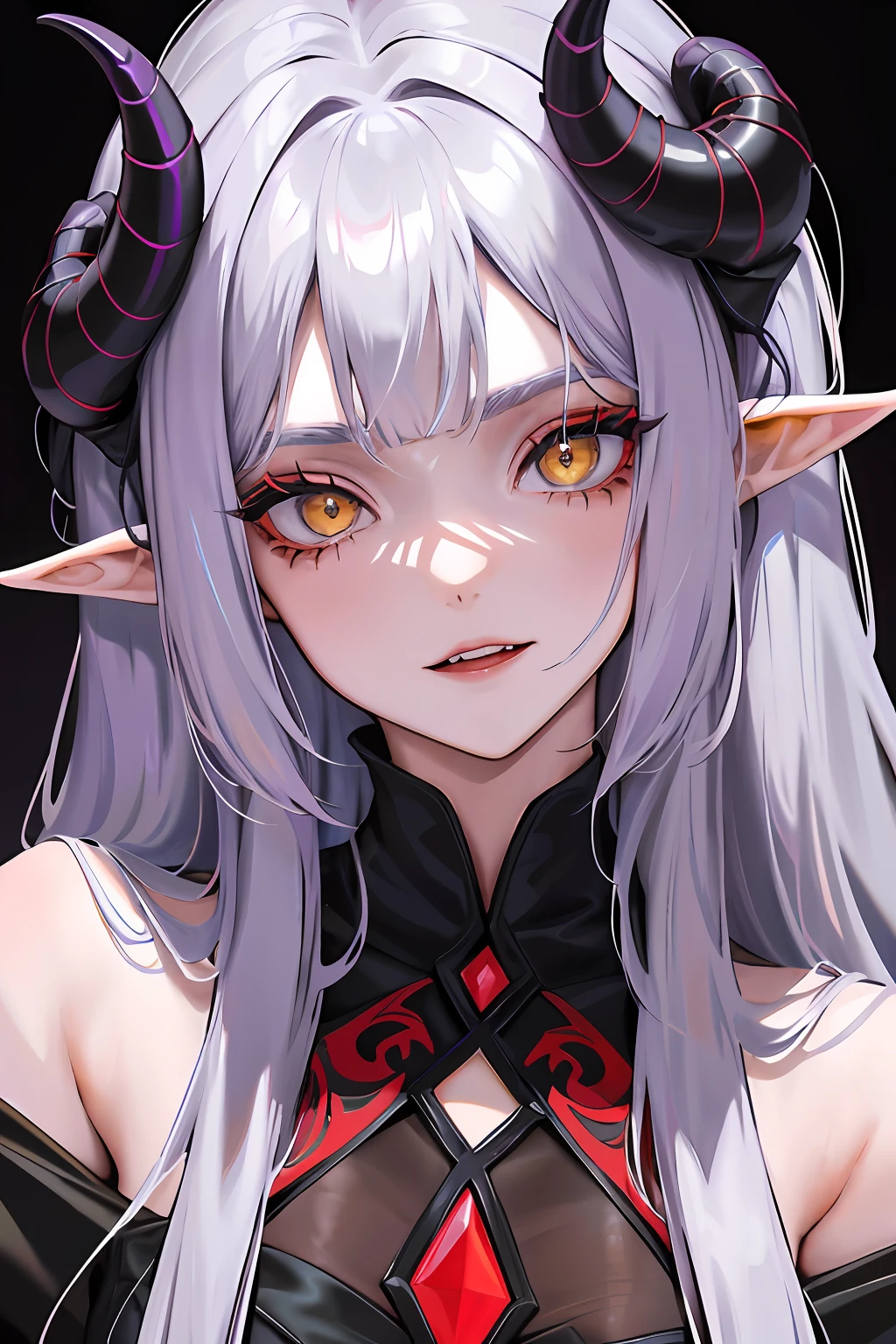 A female Milf demon with long distinctive silver hair with elf ears and black demonic horns, Yellow eyes of the demon, pupila vertical, rosto maduro e adulto com um sorriso perverso para os espectadores, dentes de vampiro, corpo volumoso com seios e busto enormes, pale skinned, Widow's dress in black setting with chains and mist, The floor is made of a red liquid, corpo volumoso com seios e busto enormes, Silver hair with purple locks wet with drops of this red liquid,(yellow demonic eyes), olhos brilhantes, Moda realista, sysie high definition details, fotografia, perspicacity, unique 850 4, Koda850 k portrait camera, Primavera F1.6, cores ricas, Textura super realista, textura de luz espetacular, arte surreal, Cinestil 800 mecanismo de moda.