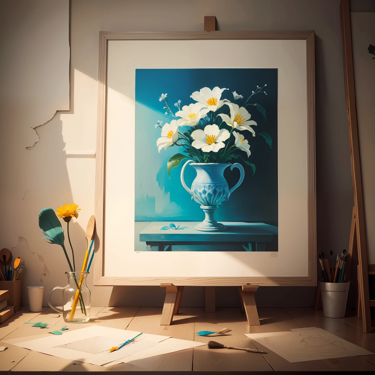pablo picasso paints a single flower on his studio wall with artistic help of a exotic bird