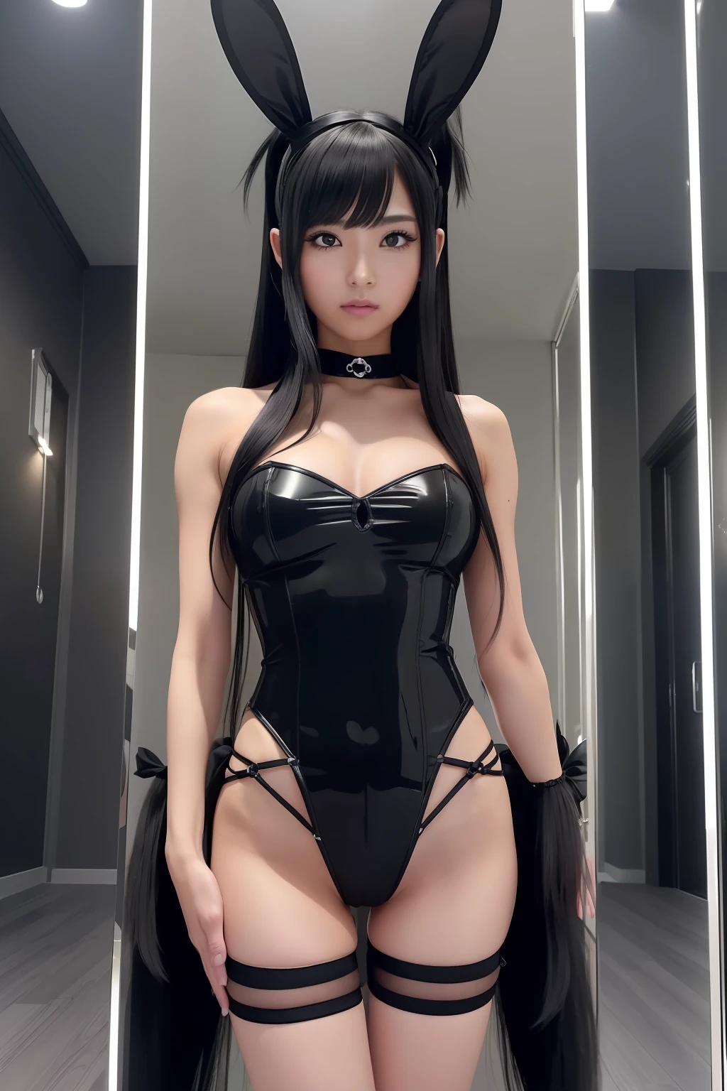 (((Black Bunny Girl Hair Band)))、(((Twin-tailed)))、(((Hair that flutters in the wind)))、Photorealsitic、超A high resolution、Convoluted、ultra-detailliert、(dent in the skin)、Cute、Feminine、Detailed body、Medium chest、(A detailed face: 1.1)、(Outline of the iris)、(Hydrocore Lens)、(perfect  eyes)、4K、Beautiful fece、(​masterpiece: 1.2)、(top-quality:1.2)、Multiple beautiful women、wide-hips、slenderbody、doress、ふしだらな、Pose Seductive、stripper、In a club、Dancing、Black theme、crouching down、(((Open your crotch)))、Optimal ratio of 4 fingers to 1 thumb、actionpose、(((Mirrored wall at the back)))