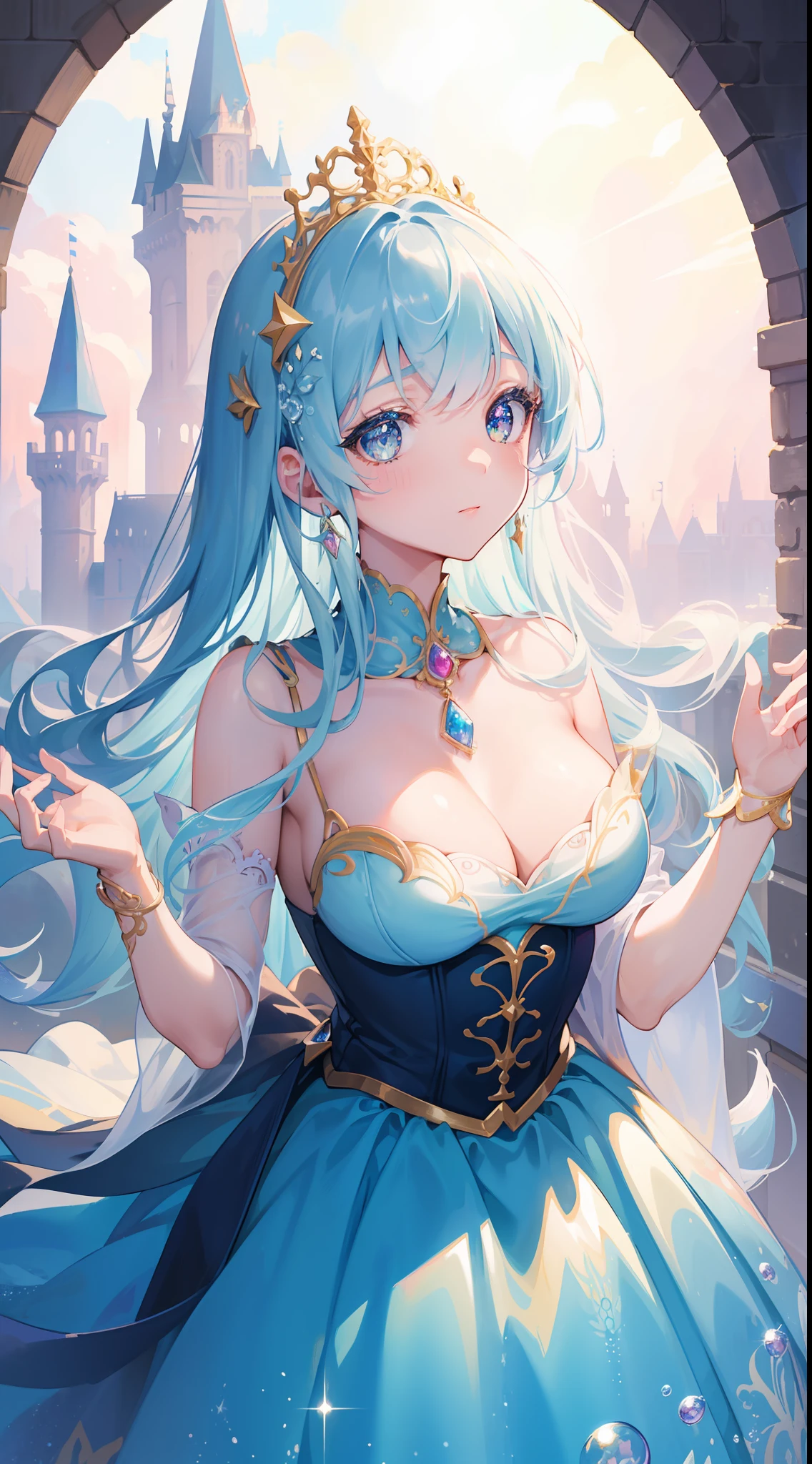 masterpiece, best quality, 8k resolution, sharp focus, intricate detail, beautiful girl, sparkling eyes, golden ratio face, otherworldly liquid, watercolor, ((pastel colors)), bright colors, whimsical, colorful, sharp focus, high resolution, fine detail, princess fantasy ballgown, ((round eyes)), iridescent bubbles, castle landscape in background