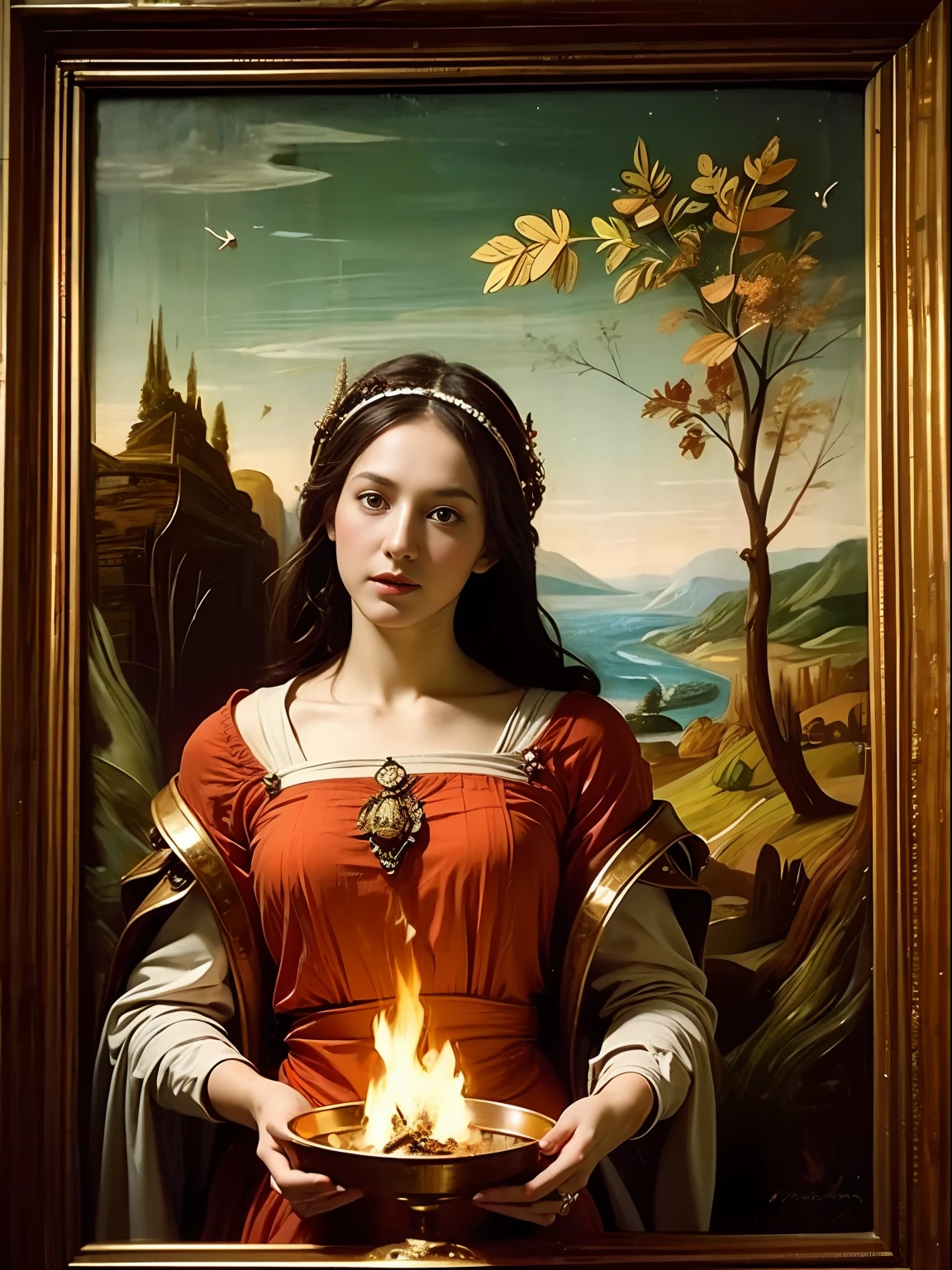"(((Renaissance Painting))) Brigit, Celtic goddess, holding a branch of wild sorrel and dressed in flowing clothes of autumnal hues. Her copper-colored hair glows in the light, a flame high on her head emanating magic and mystery.