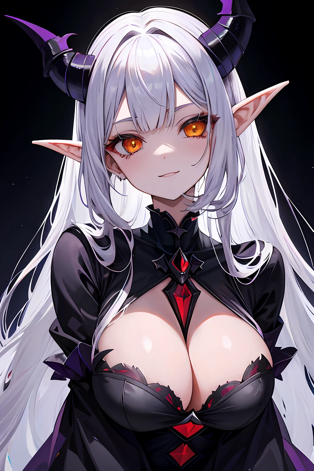 A female Milf demon with long distinctive silver hair with elf ears and black demonic horns, Yellow eyes of the demon, pupila vertical, rosto maduro e adulto com um sorriso perverso para os espectadores, dentes de vampiro, corpo volumoso com seios e busto enormes, pale skinned, Widow's dress in black setting with chains and mist, The floor is made of a red liquid, corpo volumoso com seios e busto enormes, Silver hair with purple locks wet with drops of this red liquid,(yellow demonic eyes), olhos brilhantes, Moda realista, sysie high definition details, fotografia, perspicacity, unique 850 4, Koda850 k portrait camera, Primavera F1.6, cores ricas, Textura super realista, textura de luz espetacular, arte surreal, Cinestil 800 mecanismo de moda.