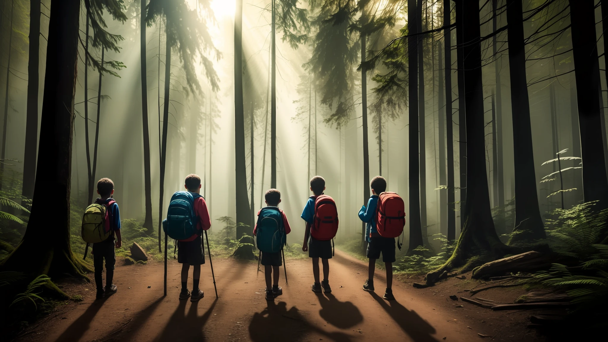 Um grupo de cinco jovens, three girls and two boys, is walking through a dark and frightening forest. They are all dressed in camping clothes and have backpacks on their backs. The forest is dark and dense, with tall trees and gnarled branches. The only light comes from the moon, which is hidden behind the clouds. The air is filled with the sound of strange noises and rotten odors. The young people are all scared and are looking at each other, procurando por sinais de perigo. They know they are not alone in the forest, But they don't know what to expect.