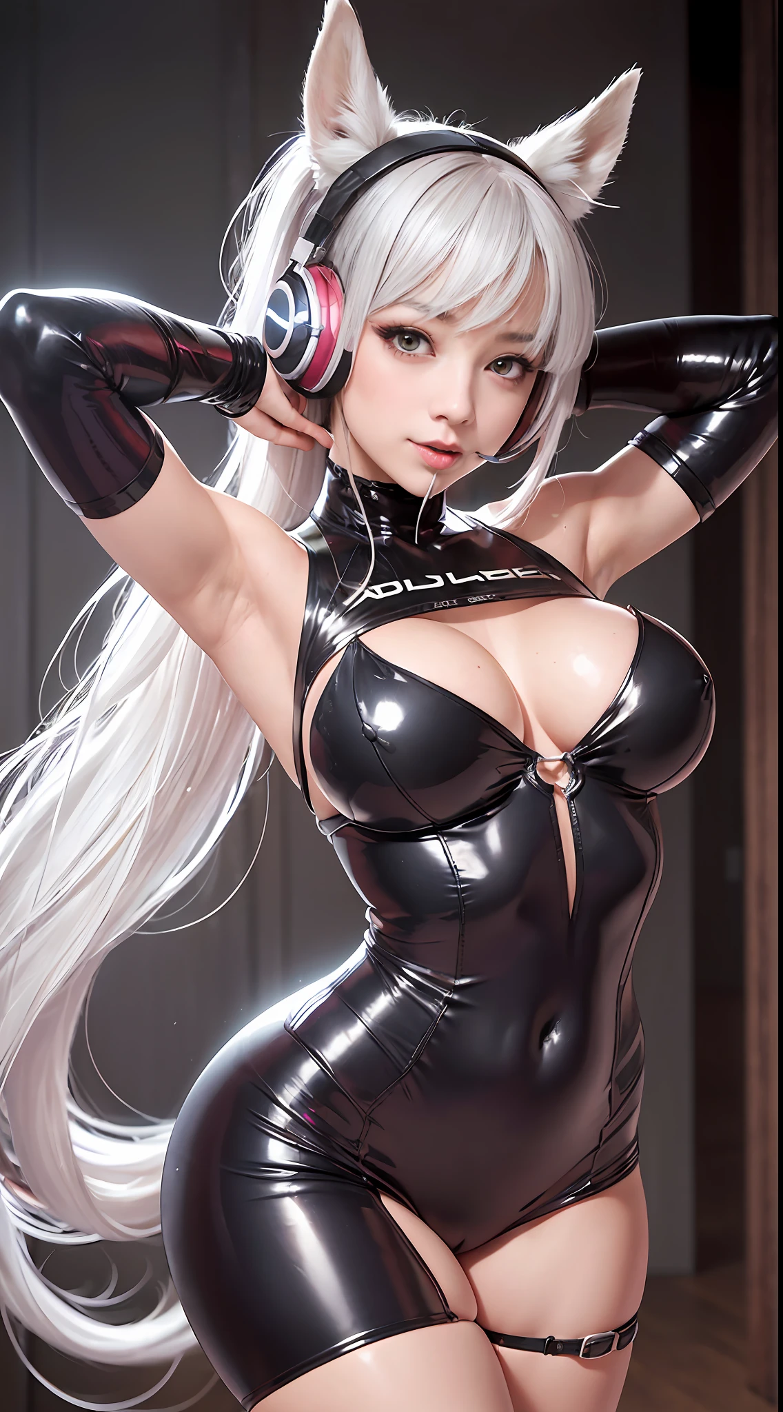 (RAW photo, Best quality, Mastery:1.2), (Realistic, photo-realistic:1.4),(Masterpiece:1.4),(Best quality:1.4),1girll, Solo, :D, Ear headphones, beast ear, Arms up,By bangs,Be red in the face,Tights,nedium breasts,tit,Fox pose,Cover the navel,cowboy lens,fakeanimalears,mitts,exteriors,Morning,Yuki,hair intakes,Earphone,impossible bodysuit,Impossible clothes,huge tit,latex,latex body suit,long whitr hair,longer sleeves,looking at viewert,huge tit,Multicolored gloves,with her mouth open,Black tight-fitting top,Pink eyes,red color eyes,shinning clothes,shrugged shoulders\(The clothes ar\),side locks , tight-fitting, ssmile, Thigh crevices, upper legs, dual horsetail, Very long hair, whitegloves, White hair, Alice\(Nikke\),(Shiny skin), realisticlying,