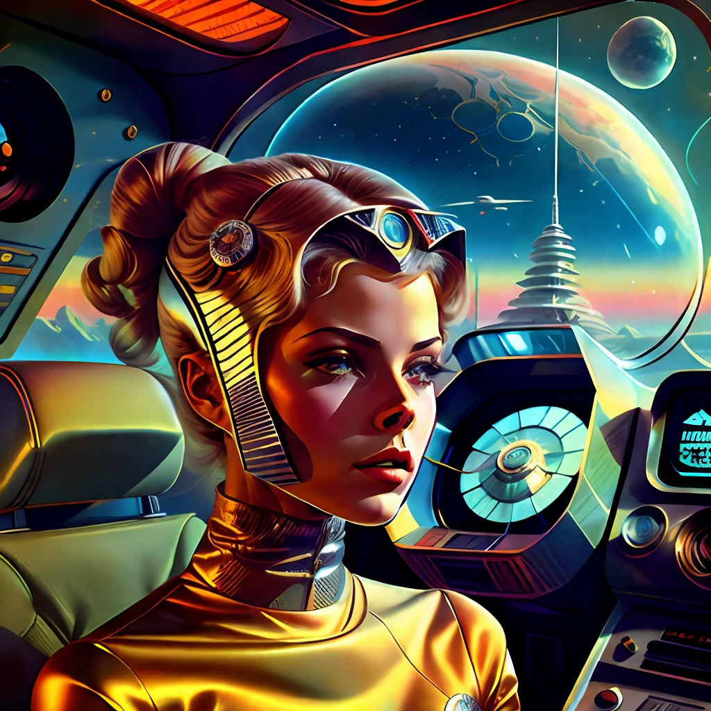 um close up de uma mulher em um capacete segurando um controle remoto, as a retro futuristic heroine, Retro Sci - Imagem de FI, as a retrofuturistic heroine, 7 0's vintage sci - estilo fi, 1 9 6 0 s menina espacial, androide feminino retrofuturista, Retrato de uma mulher sci - fi, Retro 1 9 6 0 S Sci - Art of Fi.