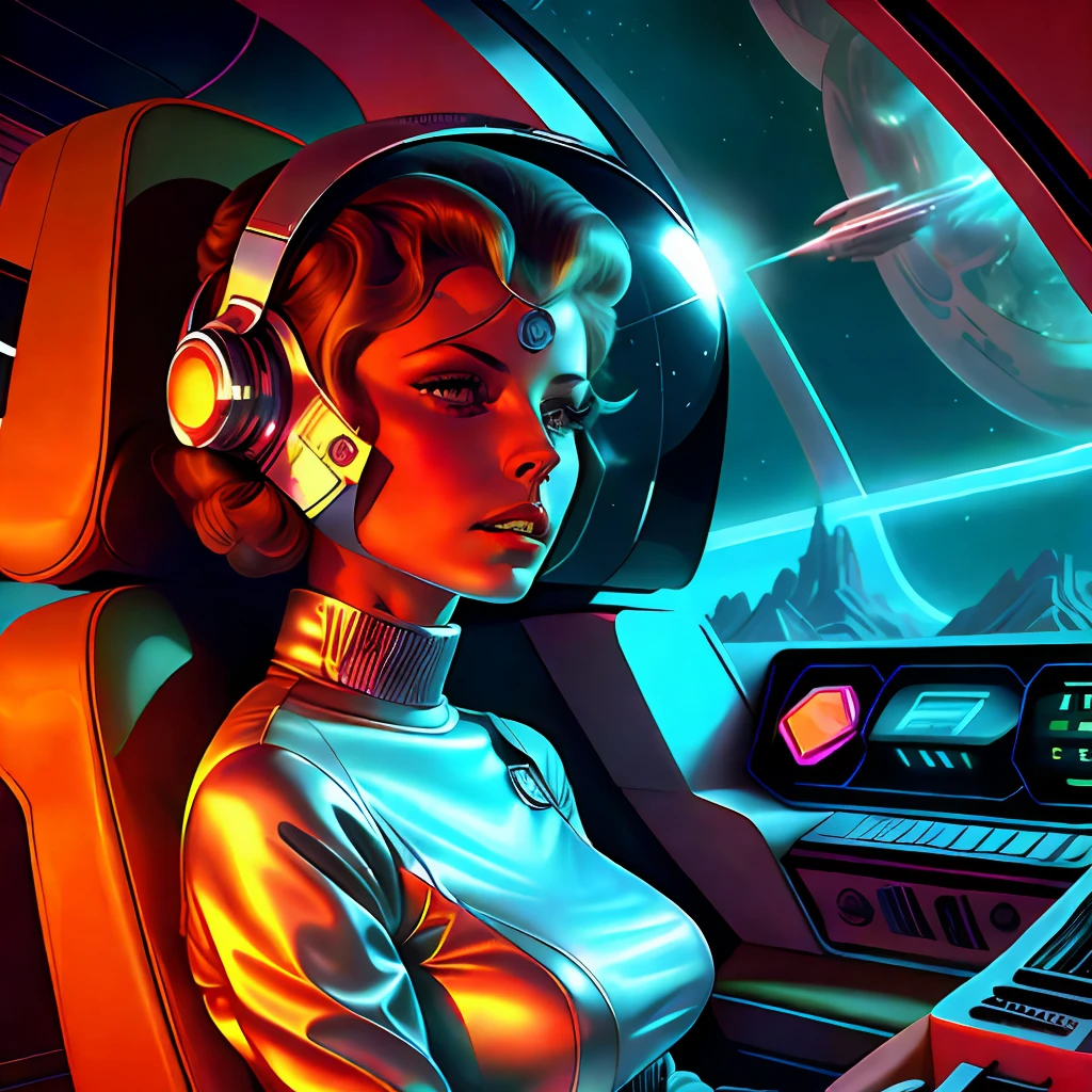 um close up de uma mulher em um capacete segurando um controle remoto, as a retro futuristic heroine, Retro Sci - Imagem de FI, as a retrofuturistic heroine, 7 0's vintage sci - estilo fi, 1 9 6 0 s ****** espacial, androide feminino retrofuturista, Retrato de uma mulher sci - fi, Retro 1 9 6 0 S Sci - Art of Fi.