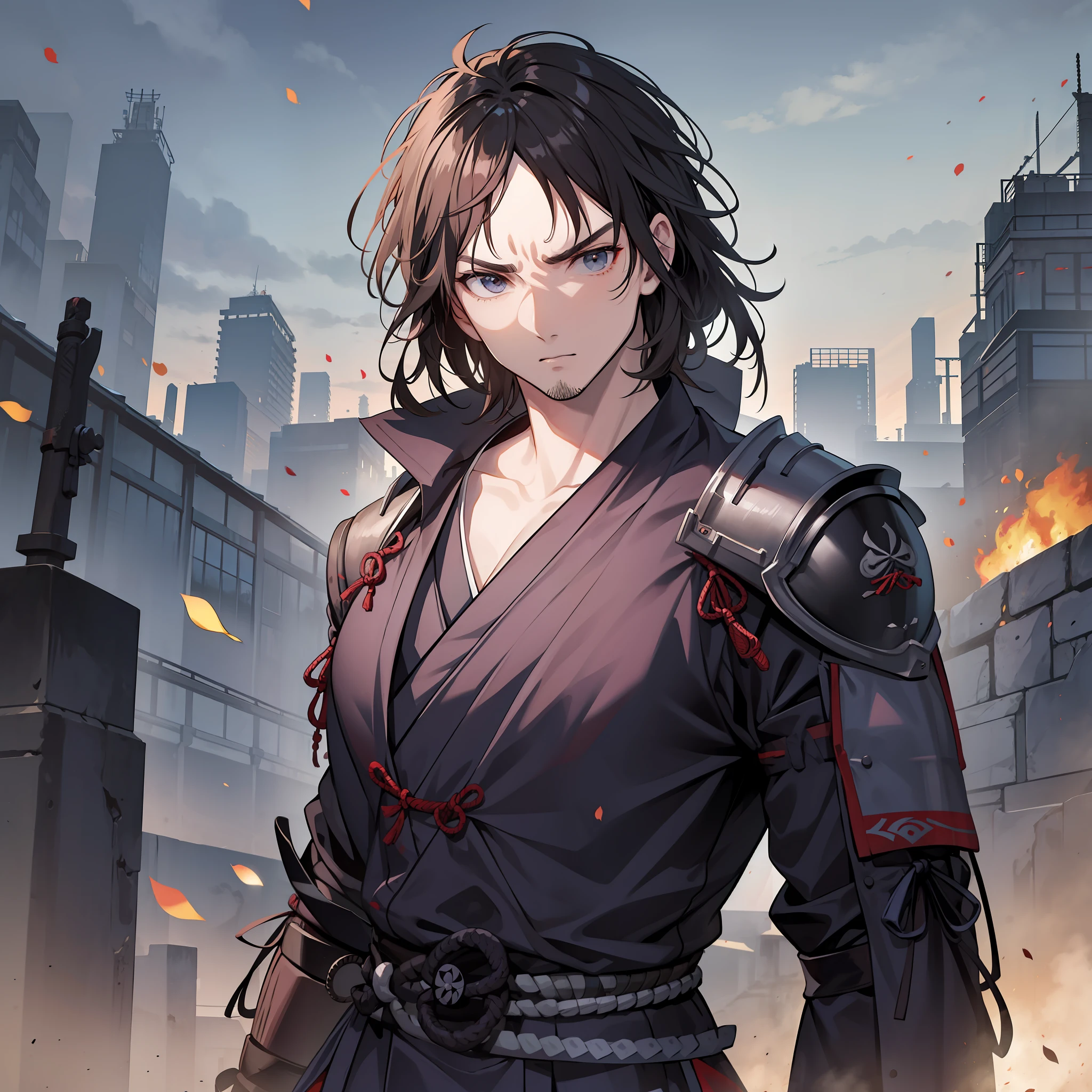 Homem, Samurai, corpo inteiro, vestido armadura samurai