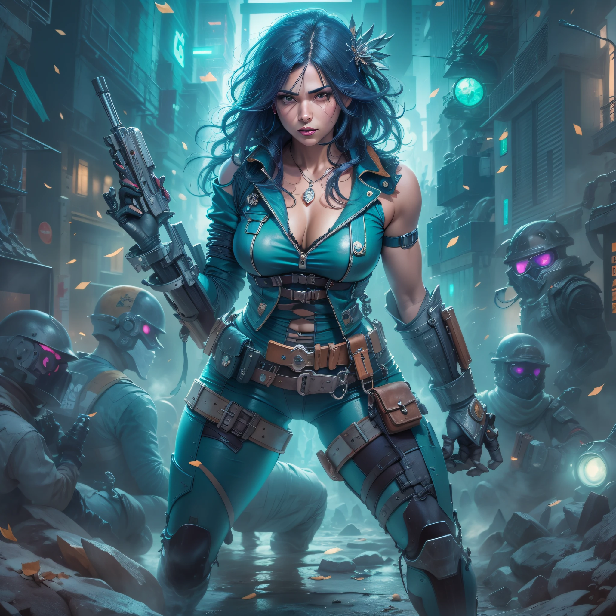 jennifer la mujer mecanica guerrera de combate (cuerpo completo), con su pelo corto , grandes ojos azules, y con el cuerpo de cristal violeta suave , que deja entrever su mecanismo interior, se encuentra en la ciudad de zalem, repleta de elementos tecnologicos .