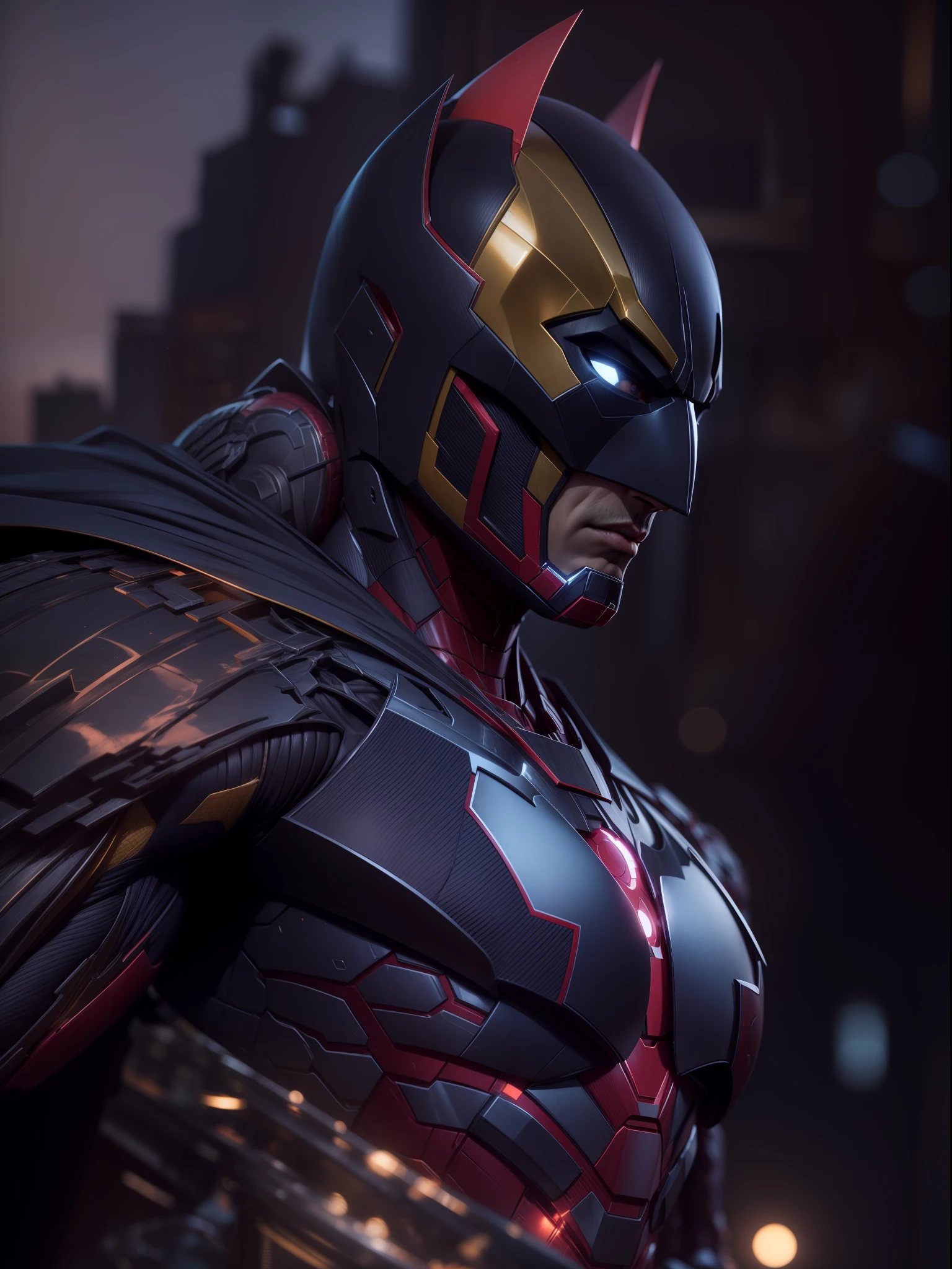 Close a powerful threat, The imposing appearance of an batman iron man fusion, menacing stare, ricamente detalhado, Hiper realista, 3D-rendering, obra-prima, NVIDIA, RTX, ray-traced, Bokeh, Night sky with a huge and beautiful full moon, estrelas brilhando, 8k,