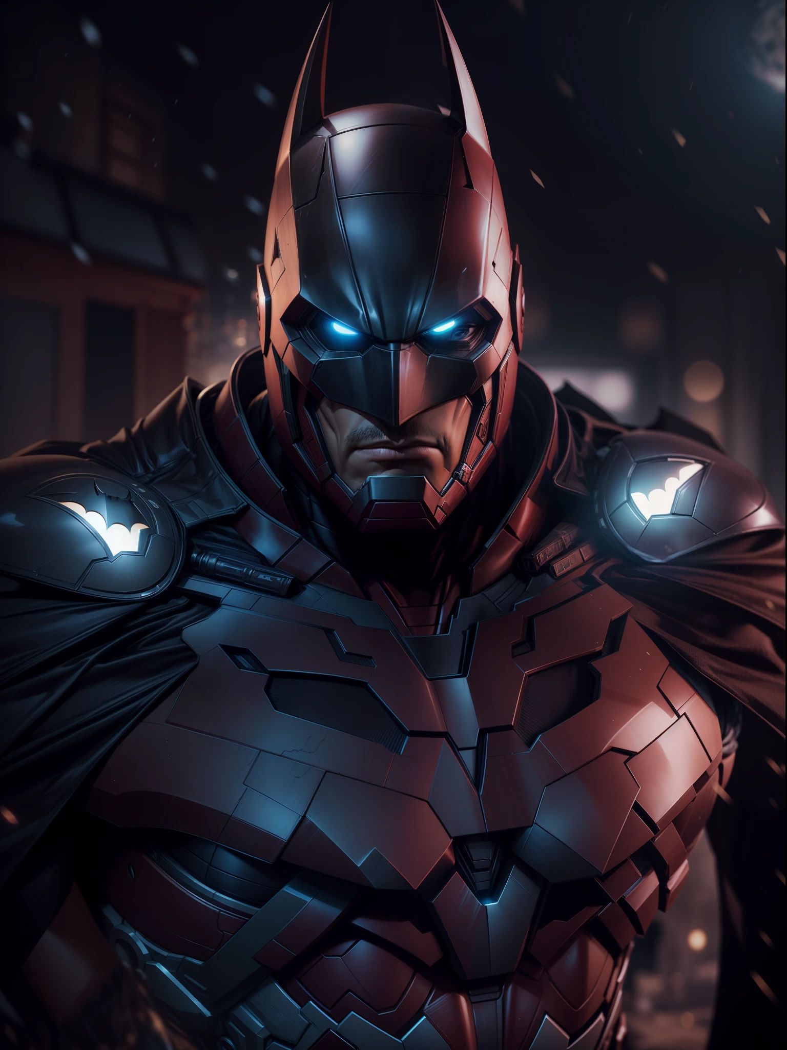 Close a powerful threat, The imposing appearance of an batman iron man fusion, menacing stare, ricamente detalhado, Hiper realista, 3D-rendering, obra-prima, NVIDIA, RTX, ray-traced, Bokeh, Night sky with a huge and beautiful full moon, estrelas brilhando, 8k,