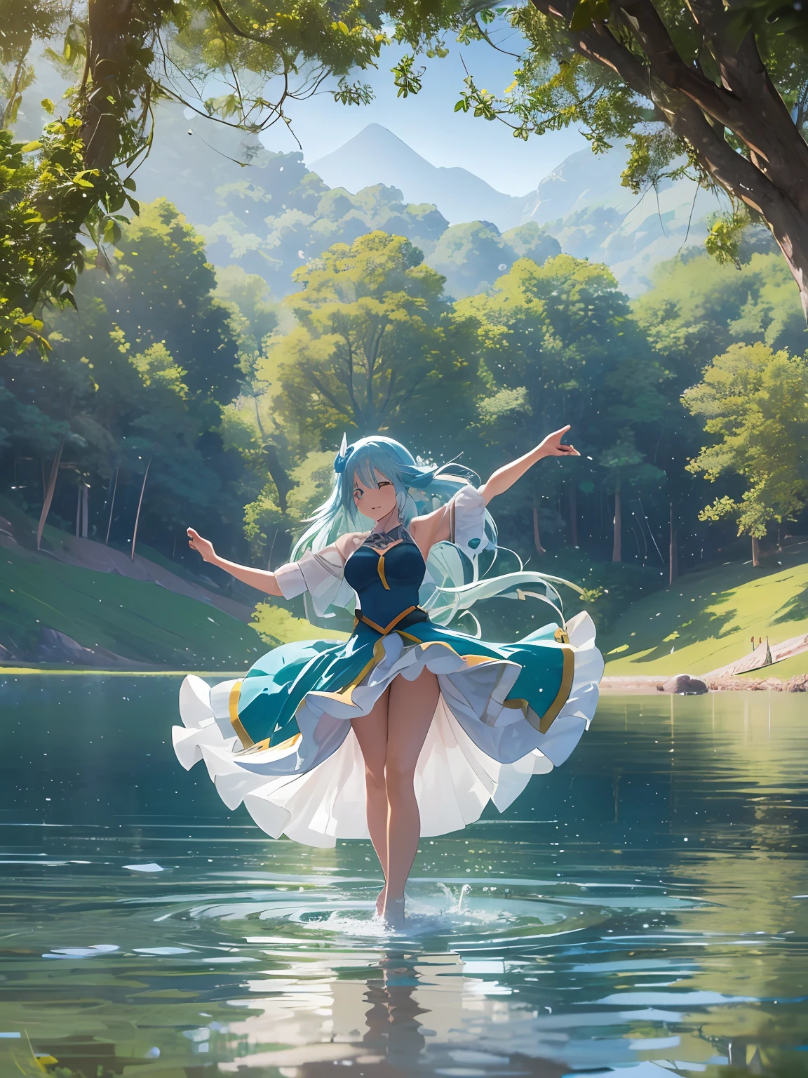 "The role of a dancer (aqua_konosuba, cabelos longos, cabelos azuis, olhos azuis), ela/her dancing on the surface of a lake, com um sorriso alegre no rosto."
quebrar
"The theme of a dancer on the lake, a spacious area surrounded by trees at the lake's edge, com campos gramados, brazi, the reflection of light on the lake's surface, and birds fluttering."
quebrar
"an atmosphere filled with the joy and lightness of dancing in nature, utilizando um efeito bokeh para melhorar o protagonista."