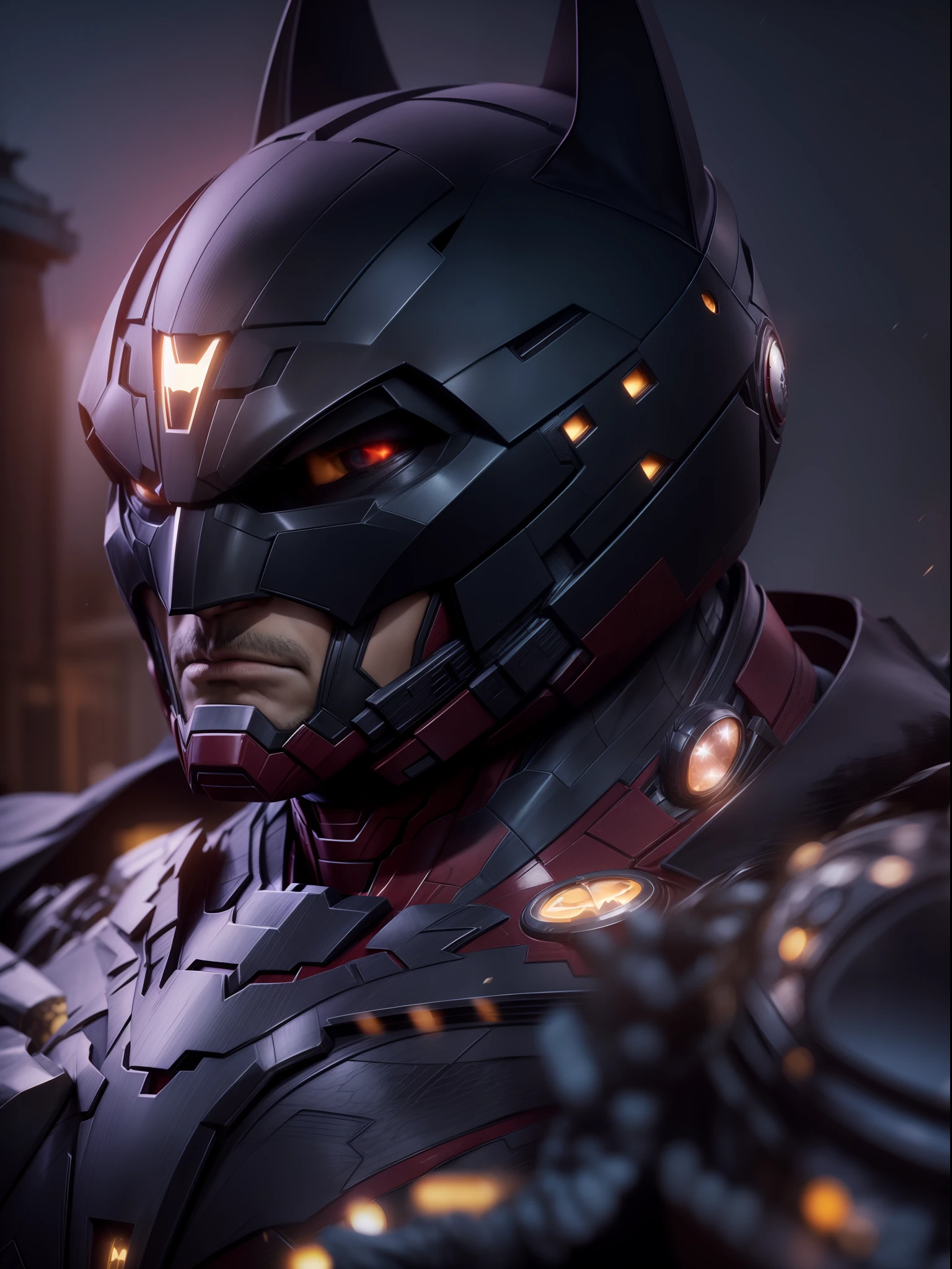 Close a powerful threat, The imposing appearance of an batman iron man fusion, menacing stare, ricamente detalhado, Hiper realista, 3D-rendering, obra-prima, NVIDIA, RTX, ray-traced, Bokeh, Night sky with a huge and beautiful full moon, estrelas brilhando, 8k,