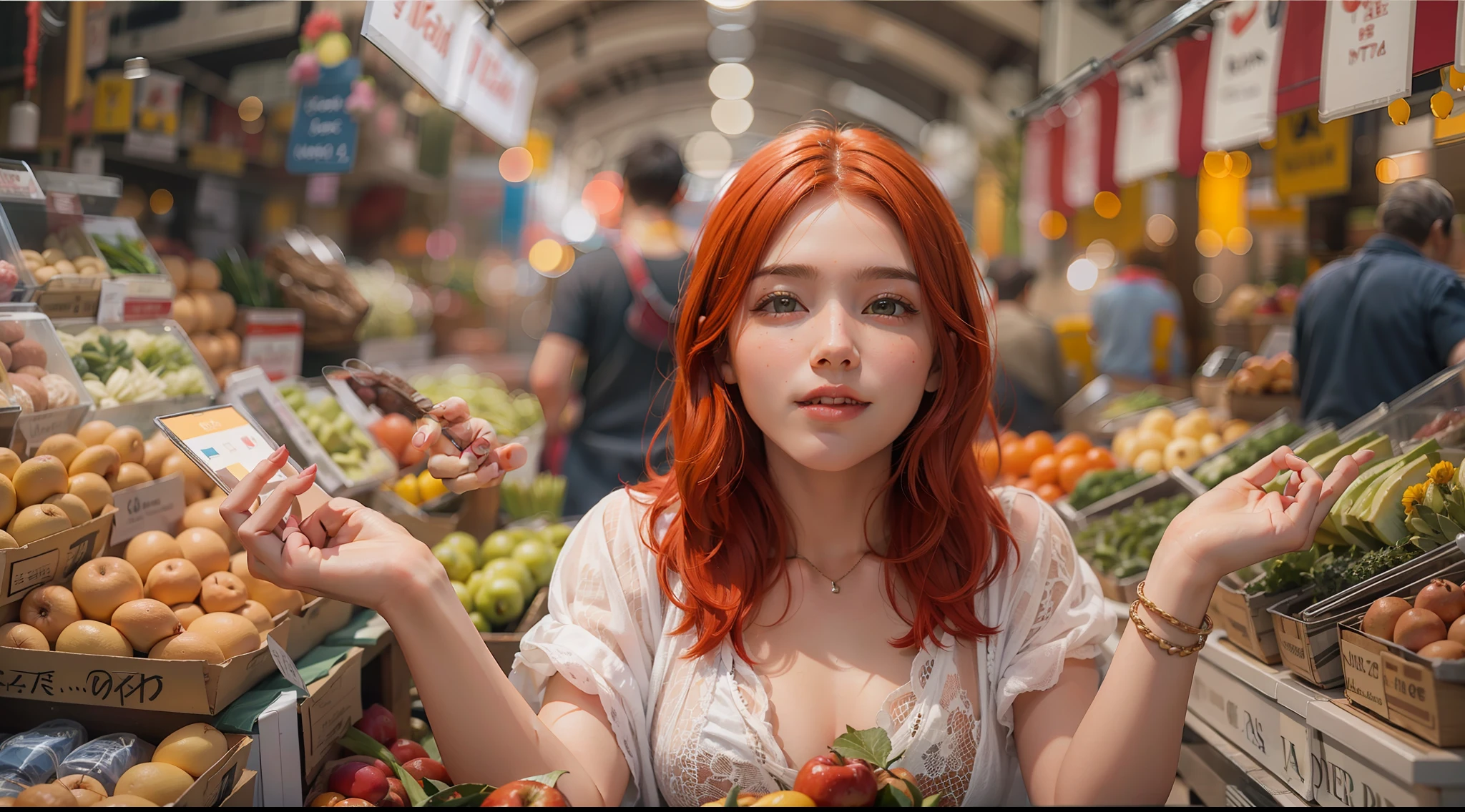 A beautiful girl with red hair, in a market, with two fingers raised and the other three fingers closed