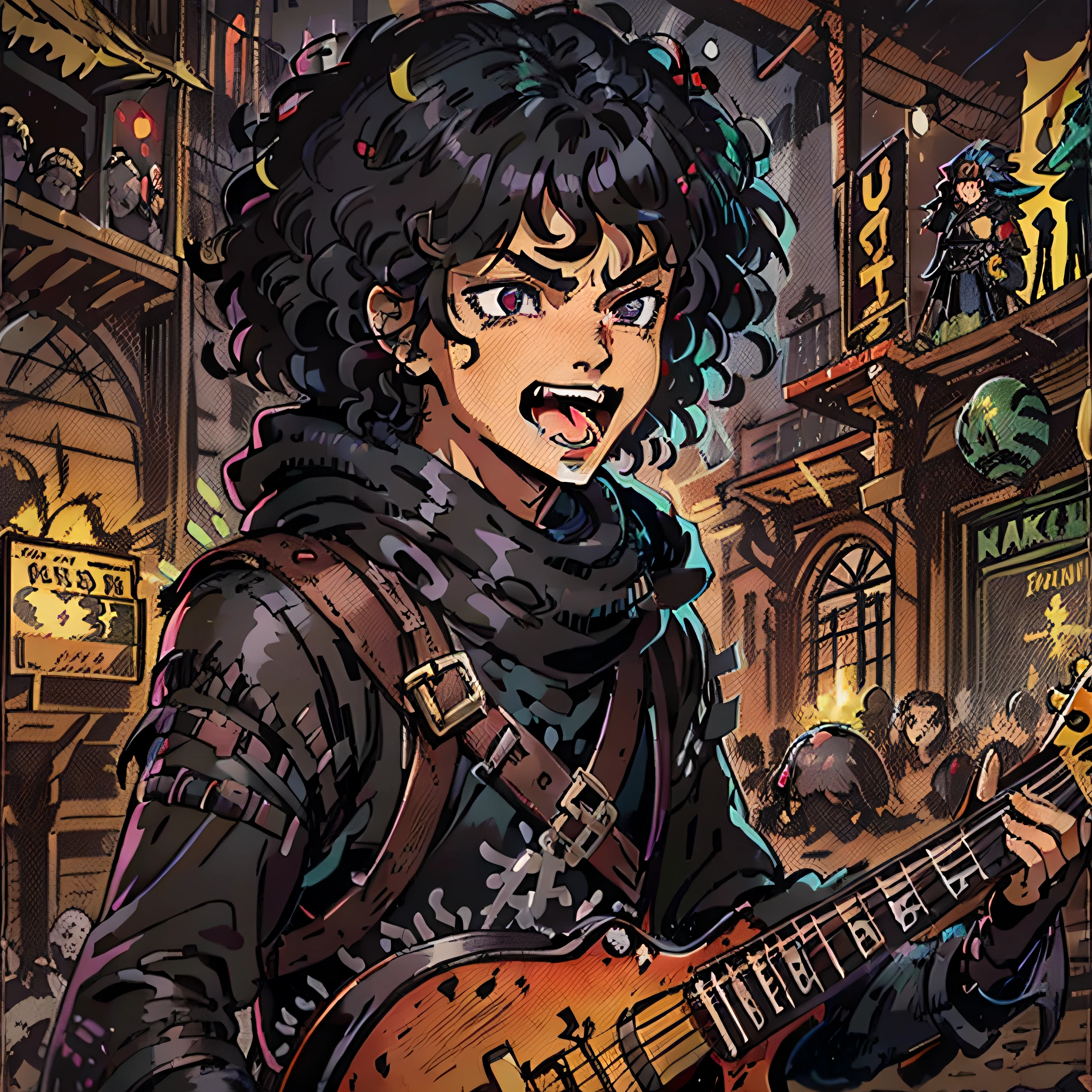 "A 13-year-old boy with black-colored hair curly hair, fat, long hair, dressed in bard black colors, playing lute, action like a rockstar, screaming loud RPG character portrait, set in a medieval fantasy world, featuring short hair and intense black eyes, tavern background. high detailed face"