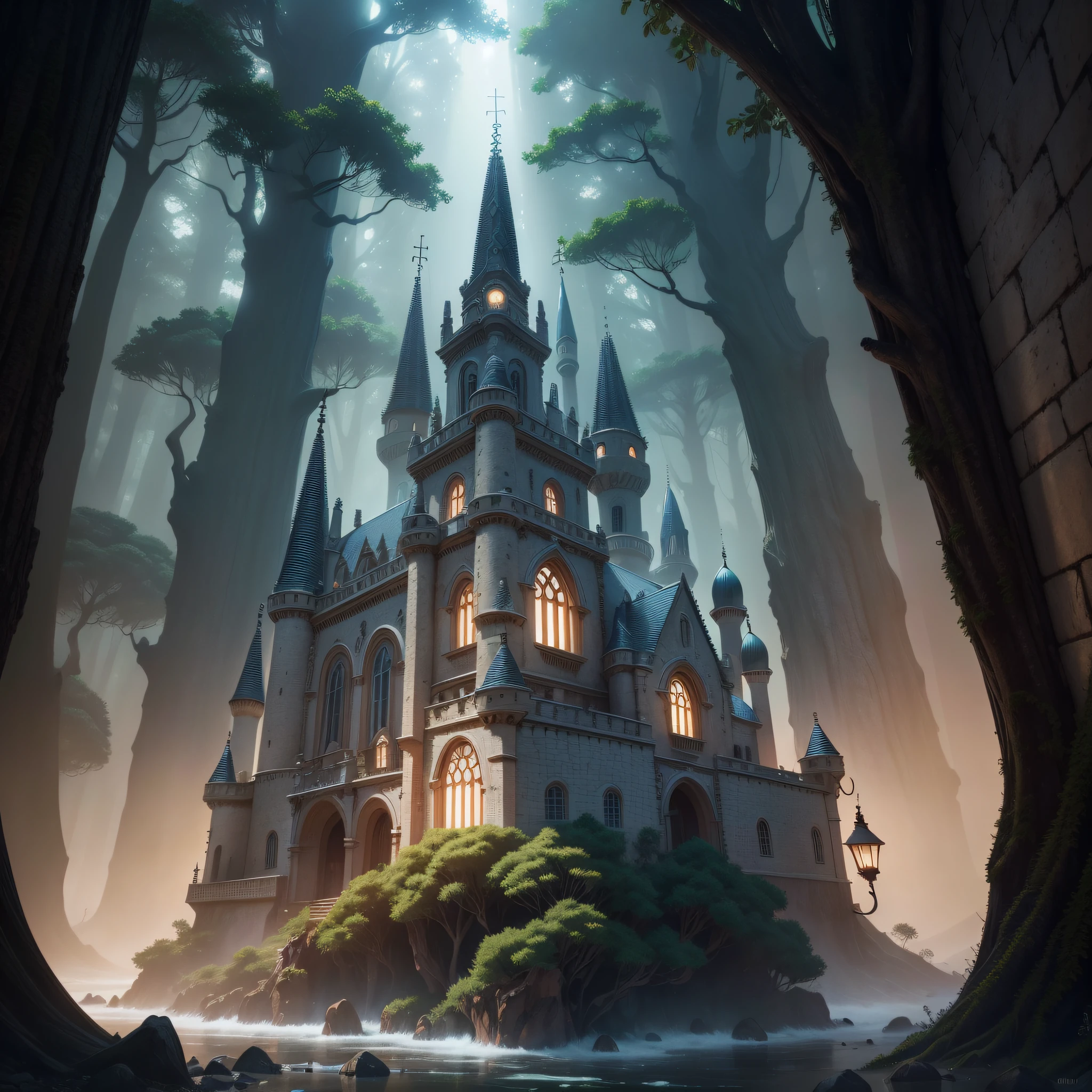 High-quality image of the extremely detailed diffusion model, Setting of a mysterious kingdom lost in time, castelo antigo, starly sky, terreno montanhoso, towering trees, folhagem densa, magical ambiance, elementos de conto de fadas, soft mist, soft-lighting, cores sutis, intrigante e misterioso. Cute pixar style, noise reduction and fine details .realistic textures, cinema lights, color grading, retouching