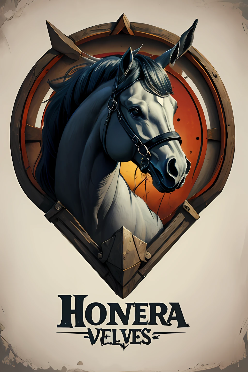 Logotipo de ''HONRA''  cavalo vetorial, silhuetas, vetorial, Estilo Velho Oeste, Faroeste, moldura redonda, cinematographic, geometrical forms, cores escuras, Rock and roll